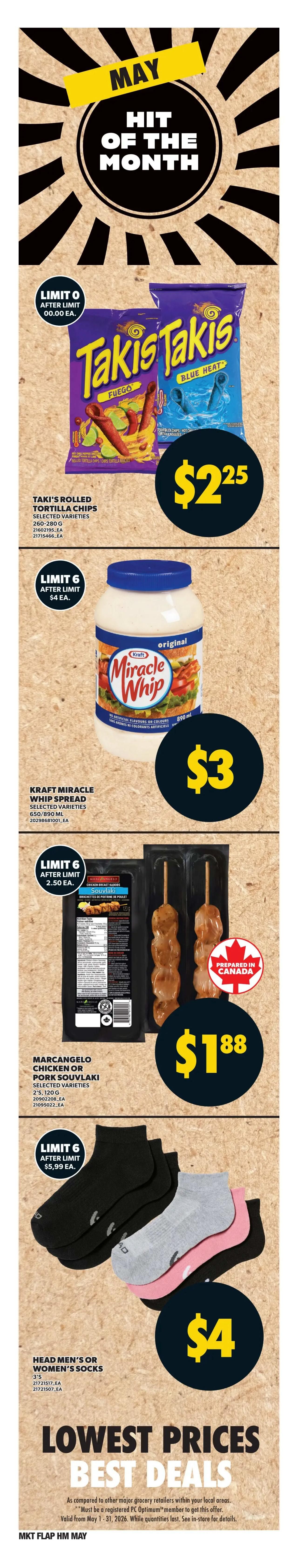 Independent flyer page 7 features 'Hit of the Month' specials. Takis Rolled Tortilla Chips in selected varieties are on sale for $2.25 each, with a limit of 6. Kraft Miracle Whip Spread, selected varieties, 650/890 mL, is available for $3 each, limit 6. Marcangelo Chicken or Pork Souvlaki, selected varieties, 2's, 120g, is priced at $1.88 each, limit 6. Head Men's or Women's Socks, 3 pairs, are on sale for $4 per pack, limit 6. The flyer also highlights 'Lowest Prices Best Deals' valid from May 1-31, 2026.