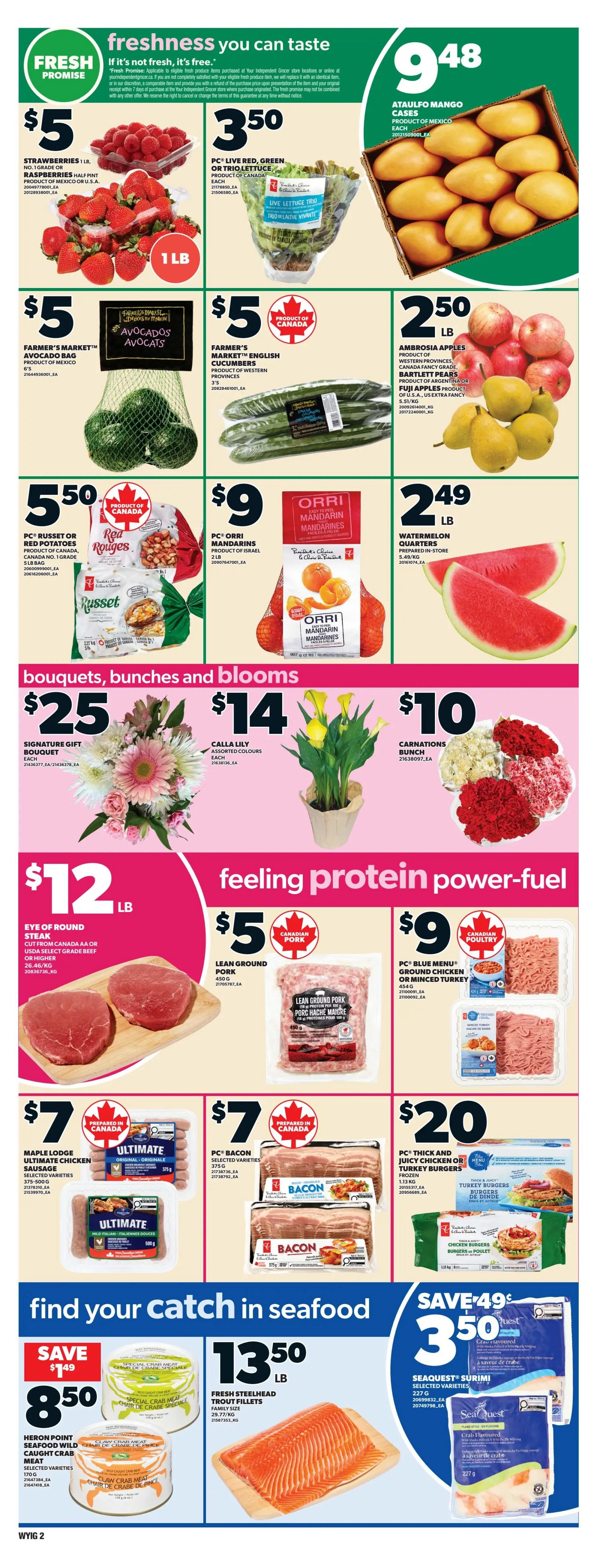 Independent flyer page 3 featuring fresh produce, bouquets, and protein. Fresh produce includes strawberries for $5/lb, raspberries for $3.50, PC Live Red, Green or Trio Lettuce for $3.50, Ataulfo Mango cases for $9.48, Farmer's Market Avocados for $5, Farmer's Market English Cucumbers for $5, Ambrosia Apples and Bartlett Pears for $2.50/lb, PC Russet or Red Potatoes for $5.50/5lb bag, and Orri Mandarin Oranges for $9/2lb bag. Watermelon Quarters are $2.49/lb. Bouquets, bunches and blooms include a Signature Gift Bouquet for $25, Calla Lily Assorted Colours for $14, and Carnations Bunch for $10. Protein section features Eye of Round Steak for $12/lb, Lean Ground Pork for $5, PC Blue Menu Ground Chicken or Minced Turkey for $9, PC Bacon for $7, Maple Lodge Ultimate Chicken Sausages for $7, and PC Thick or Juicy Chicken or Turkey Burgers for $20. The seafood section highlights Heron Point Caught Crab Meat for $8.50, Fresh Steelhead Trout Fillets for $13.50/lb, and Seaquest Surimi for $3.50.