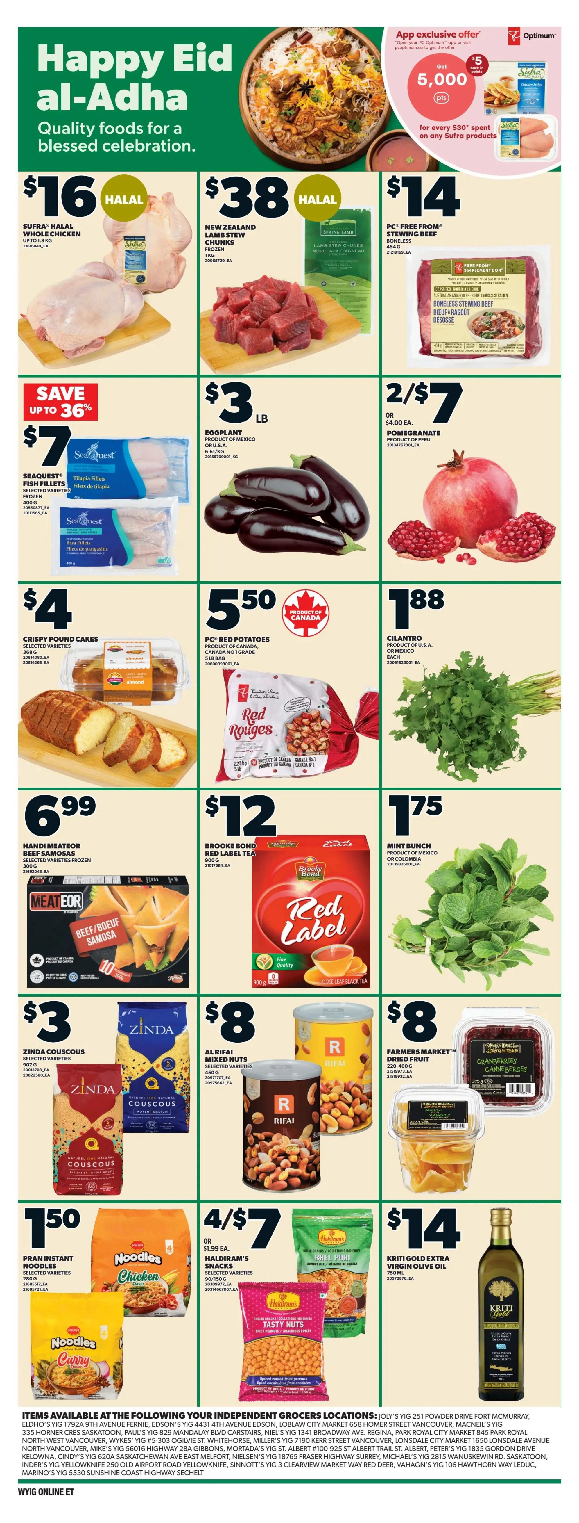 Independent flyer page 11 features 'Happy Eid al-Adha' specials. Highlights include Sufra Halal whole chicken for $16, New Zealand lamb stew chunks for $38, and PC Free From boneless stewing beef for $14. Seafood options include SeaQuest fish fillets for $7 and save up to 36% on selected varieties. Fresh produce includes eggplant for $3/lb, pomegranates 2 for $7, PC Red Potatoes 1 lb bag for $5.50, and cilantro for $1.88. Other deals are Handi Meateor beef samosas for $6.99, Brooke Bond Red Label tea 900g for $12, and a mint bunch for $1.75. Pantry items include Zinda couscous for $3, Al Rifai mixed nuts for $8, Farmers Market dried fruit for $8, and Prah instant noodles for $1.50. Snacks include Haldiram's snacks 2 for $7, and Kriti Gold extra virgin olive oil for $14.
