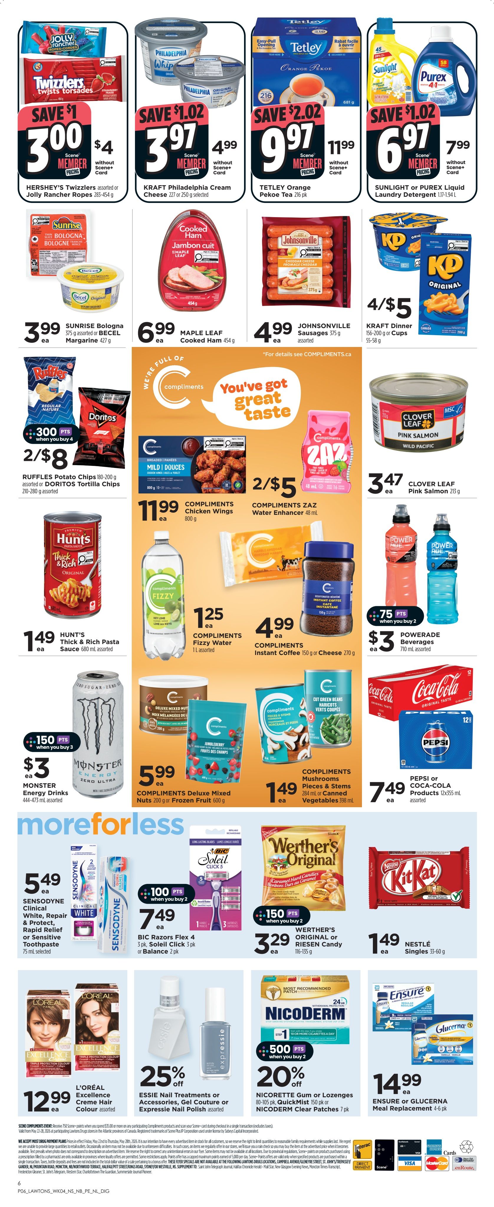 Lawtons Drugs weekly flyer specials for Atlantic Canada, Page 2. Featured products include HERSHEY'S Twizzlers assorted for $3.00, KRAFT PHILADELPHIA Cream Cheese 227g or 250g selected for $3.97, TETLEY Orange Pekoe Tea 216 pk for $9.97, SUNLIGHT or PUREX Liquid Laundry Detergent 1.17-1.94 L for $6.97. Also on sale are SUNRISE Bologna 375g or BECEL Margarine 427g for $3.99, MAPLE LEAF Cooked Ham 454g for $6.99, and JOHNSONVILLE Sausages 375g assorted for $4.99. KRAFT Dinner 156-200g or Cups 55-58g are 4 for $5. RUFFLES Potato Chips 180-200g assorted or DORITOS Tortilla Chips 210-280g assorted are 2 for $8. COMPLIMENTS Chicken Wings 800g are $11.99. COMPLIMENTS Mild Douces 800g and COMPLIMENTS ZAZ Water Enhancer 48ml are 2 for $5. CLOVER LEAF Pink Salmon Wild Pacific 213g is $3.47. COMPLIMENTS Fizzy Water 1L assorted is $1.25. COMPLIMENTS Instant Coffee 150g or Cheese 270g is $4.99. POWERADE Beverages 710 mL assorted are $3 with 75 points when you buy 2. MONSTER Energy Drinks 444-475 mL assorted are $3 when you buy 3, with 150 points. COMPLIMENTS Deluxe Mixed Nuts 200g or Frozen Fruit 600g are $5.99. COMPLIMENTS Mushrooms Pieces & Stems 284ml or Canned Vegetables 398ml are $1.49. PEPSI or COCA-COLA Products 12x355 mL assorted are $7.49. In the 'more for less' section, SENSODYNE Clinical White, Repair & Protect, or Rapid Relief or Sensitive Toothpaste 75 mL selected is $5.49. BIC Razors Flex 4, Soleil Click 3 pk are $7.49. WERTHER'S ORIGINAL or RIESEN Candy 116-135g is $3.29. NESTLÉ Singles 33-60g are $1.49. L'ORÉAL Excellence Creme Hair Colour assorted is $12.99. ESSIE Nail Treatments or Accessories, Gel Couture or Expressie Nail Polish assorted are 25% off. NICORETTE Gum or Lozenges 80-105 pk, QuickMist 150 pk or NICODERM Clear Patches 7 pk are 20% off with 500 points when you buy 2. ENSURE or GLUCERNA Meal Replacement 4-6 pk is $14.99.