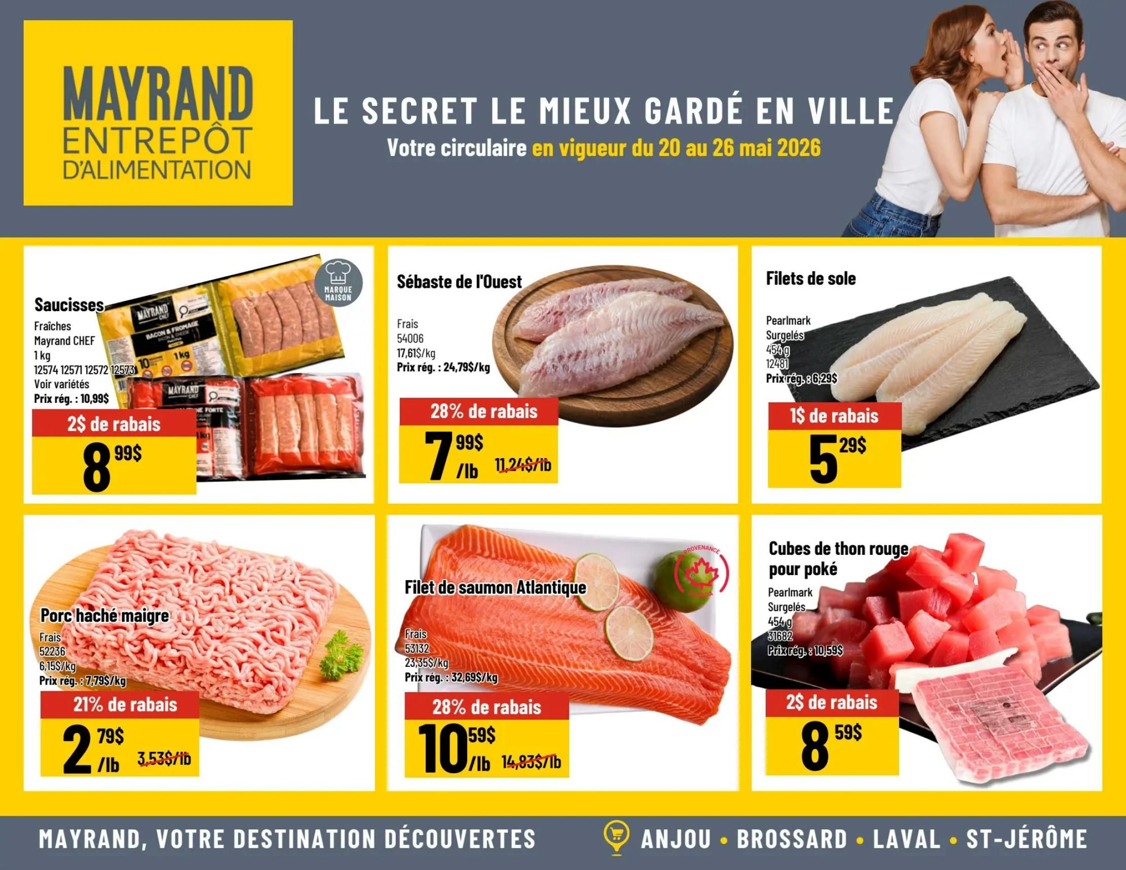 Mayrand Entrepôt D'Alimentation weekly flyer specials from May 20 to May 26, 2026. Page 2 features: Mayrand CHEF fresh sausages, 1 kg, on sale for $8.99 with a $2 discount, regular price $10.99. Fresh West Coast sole fillets, 17.61$/kg, on sale for $7.99/lb with 28% off, regular price $24.79/kg. Pearlmark frozen sole fillets, 454g, on sale for $5.29 with a $1 discount, regular price $6.29. Fresh lean ground pork, 6.15$/kg, on sale for $2.79/lb with 21% off, regular price $7.79/kg. Fresh Atlantic salmon fillet, 23.35$/kg, on sale for $10.59/lb with 28% off, regular price $32.69/kg. Pearlmark frozen red tuna cubes for poké, 454g, on sale for $8.59 with a $2 discount, regular price $10.59.
