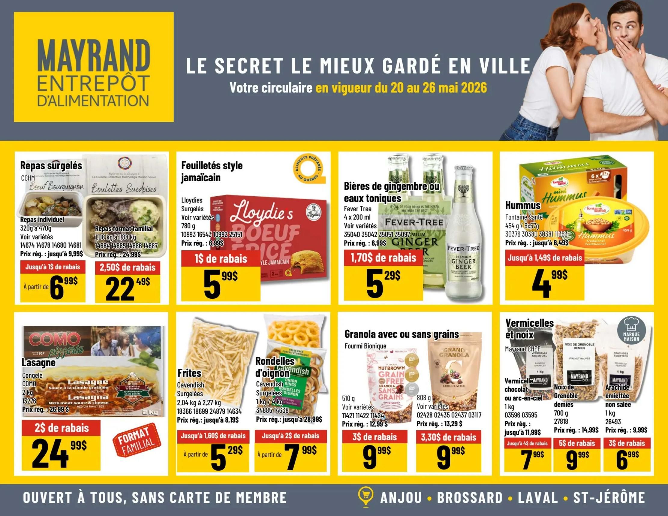 Mayrand Weekly Flyer Specials, Page 4. Featured items include CCHM frozen meals like Beef Bourguignon and Swedish Meatballs, with individual meals starting at $6.99 and family size at $22.49. Lloydies Jamaican style turnovers are $5.99. Fever Tree ginger beer or tonic water is $5.29. Fontaine Santé mini hummus is $4.99. Como Pizzeria frozen lasagna is $24.99. Cavendish frozen fries are $5.29. Cavendish frozen onion rings are $7.99. Fourmi Bionique granola is $9.99. Mayrand Chef vermicelli or bow tie pasta is $7.99. Mayrand Chef Grenoble walnut halves are $9.99. Mayrand Arachide crumbled peanuts are $6.99.