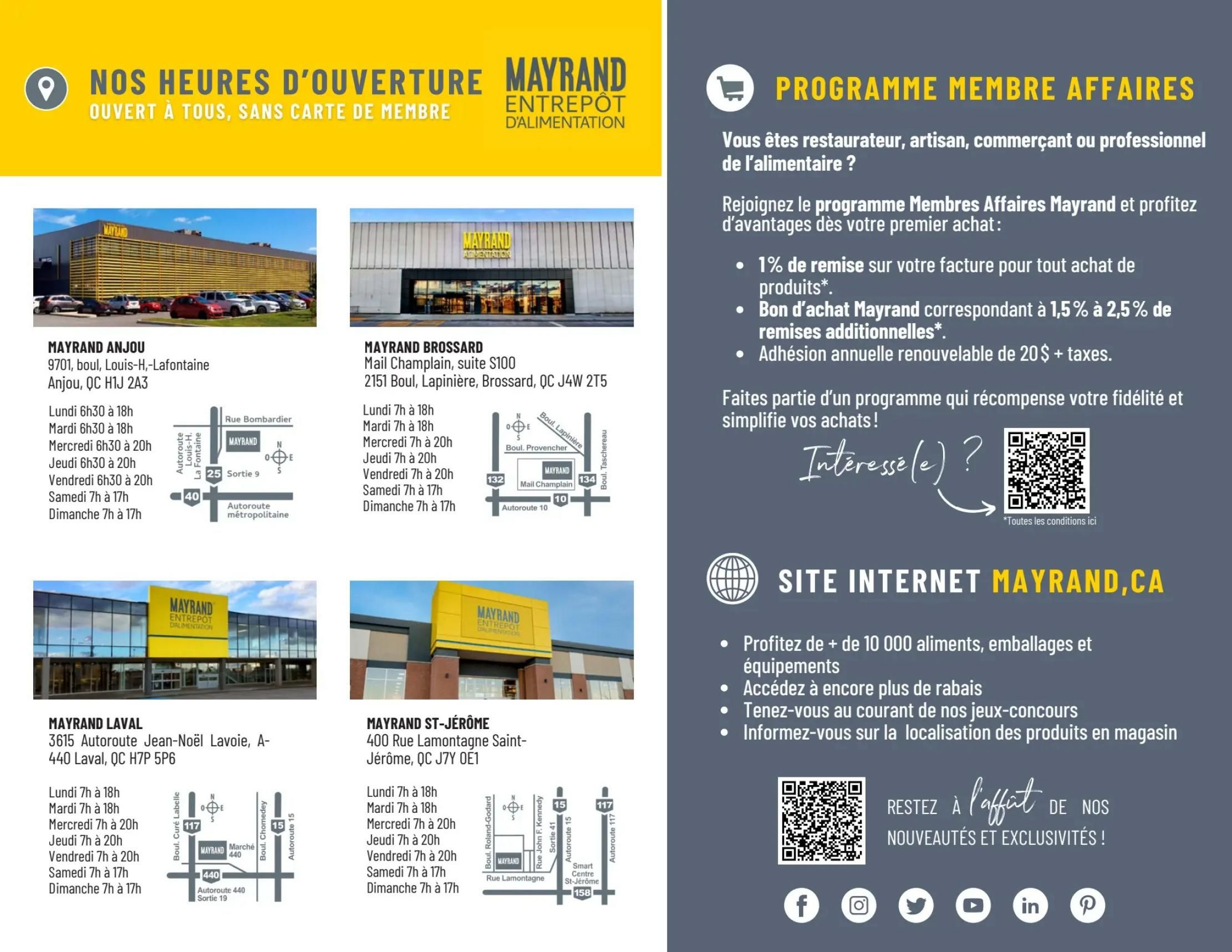 Mayrand flyer page 6, featuring store locations and hours, and information about the Mayrand Business Member Program. Store locations include Mayrand Anjou at 9701 boul. Louis-H.-Lafontaine, Anjou, QC H1J 2A3, with hours Monday to Friday 6:30 AM to 8 PM, Saturday 7 AM to 5 PM, and Sunday 7 AM to 5 PM. Mayrand Brossard at Mail Champlain, suite S100, 2151 boul. Lapinière, Brossard, QC J4W 2T5, with hours Monday to Friday 7 AM to 8 PM, Saturday 7 AM to 5 PM, and Sunday 7 AM to 5 PM. Mayrand Laval at 3615 Autoroute Jean-Noël Lavoie, A-440 Laval, QC H7P 5P6, with hours Monday to Friday 7 AM to 8 PM, Saturday 7 AM to 5 PM, and Sunday 7 AM to 5 PM. Mayrand St-Jérôme at 400 Rue Lamontagne Saint-Jérôme, QC J7Y 0E1, with hours Monday to Friday 7 AM to 8 PM, Saturday 7 AM to 5 PM, and Sunday 7 AM to 5 PM. The Business Member Program offers 1% off your invoice for all product purchases, Mayrand gift cards equivalent to 1.5% to 2.5% of additional discounts, and an annual renewable membership of $20 + taxes. Visit mayrand.ca for over 10,000 food items, packaging, and equipment, access to more discounts, contest updates, and product location information. Follow Mayrand on Facebook, Instagram, Twitter, YouTube, LinkedIn, and Pinterest.
