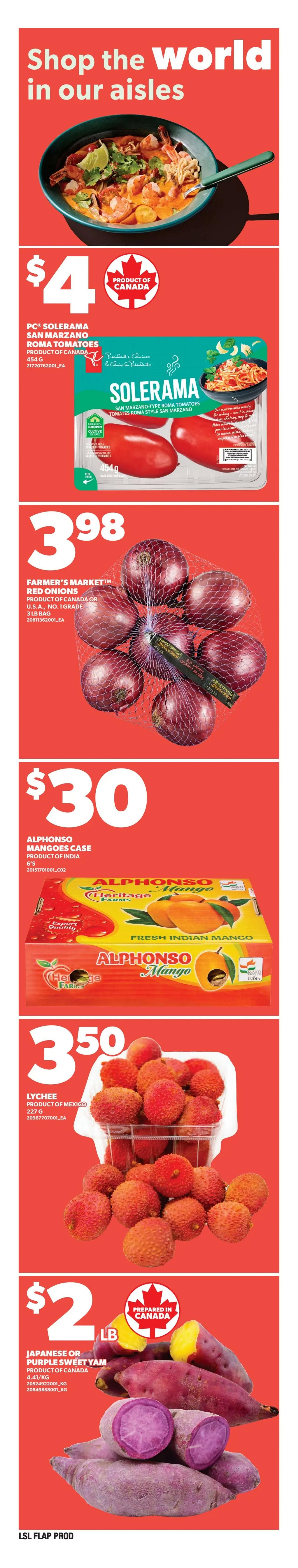 Loblaws weekly flyer specials page 11 features a variety of produce and pantry items. Top offers include PC Solerama San Marzano Roma Tomatoes for $4, Farmer's Market Red Onions (3 lb bag) for $3.98, a case of Alphonso Mangoes (6's) from India for $30, and Lychee (227g) from Mexico for $3.50. Also featured are Japanese or Purple Sweet Yams at $2 per pound, prepared in Canada. The page has a theme of 'Shop the world in our aisles'.