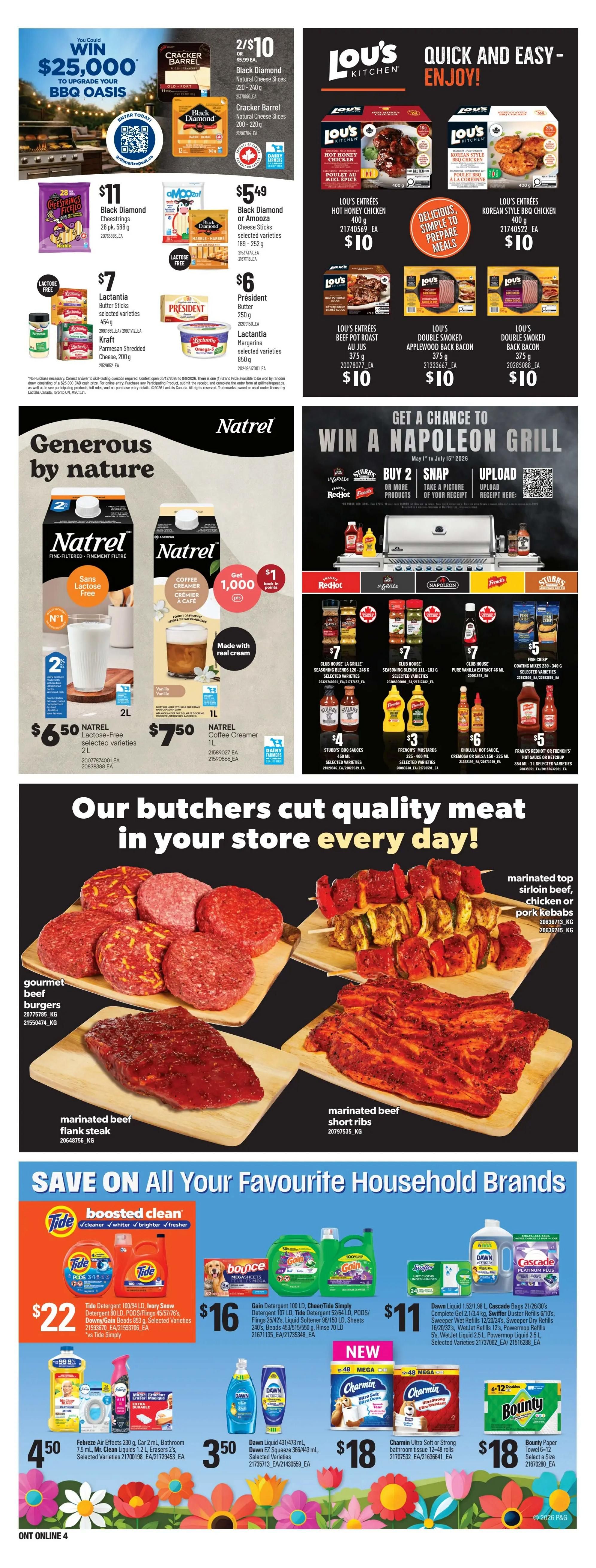 Loblaws weekly flyer specials page 16 features a 'Win $25,000 to upgrade your BBQ Oasis' contest. Featured products include Black Diamond Cheese Slices and Cracker Barrel Natural Cheese Slices, 2 for $10. Lou's Kitchen offers Hot Honey Chicken and Korean Style BBQ Chicken entrees for $10 each, Beef Pot Roast for $10, and Double Smoked Applewood Back Bacon for $10. Natrel Lactose-Free selected varieties 2L are $6.50 and Natrel Coffee Creamer 1L is $7.50. The page also highlights 'Our butchers cut quality meat in your store every day!' with images of gourmet beef burgers, marinated beef flank steak, marinated beef short ribs, and marinated top sirloin beef, chicken or pork kebabs. Save on household brands with Tide Detergent 100/94 LD, Ivory Snow Detergent 80 LD, P&G/Tide/Downy/Gain Bleach 831L, and selected varieties for $22. Bounce Mega Sheets are $16 with Gain Detergent 100 LD, Cheer/Tide Simply Detergent 107 LD, Tide Detergent 52/64 LD, P&G/Tide/Downy/Gain Bleach 831L, and selected varieties for $16. Dawn Liquid 431/473 mL and Dawn EZ Squeeze 366/443 mL selected varieties are $3.50. Charmin Ultra Soft or Strong bathroom tissue 12-48 rolls are $18. Bounty Paper Towel 6-12 select a size is $18. There is also a 'Get a chance to win a Napoleon Grill' promotion by buying 2 RedHot, Stubb's, or French's products.