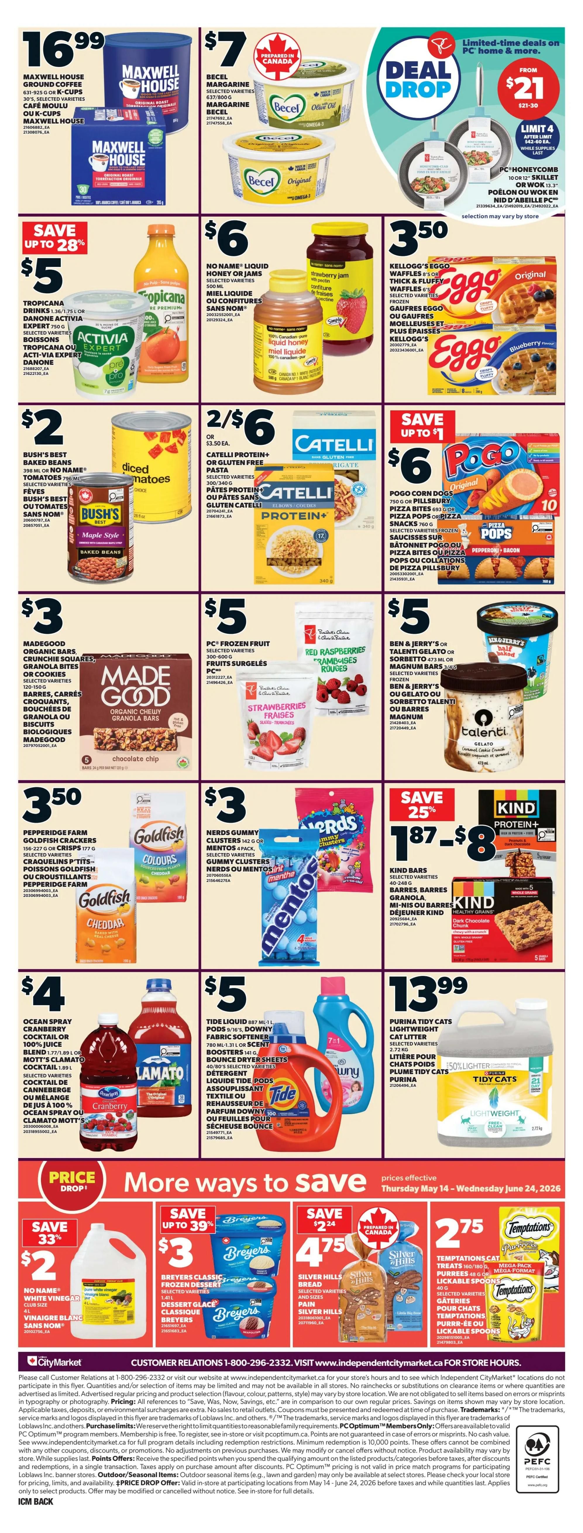 Loblaws weekly flyer specials page 2. Featured deals include Maxwell House ground coffee for $16.99, Becel margarine for $7, and PC Honeycomb or Skillet cookware for $21. Save up to 28% on Tropicana drinks and Danone Activia yogurt, priced at $5. No Name liquid honey or jams are $6. Kellogg's Eggo waffles are $3.50. Bush's Best baked beans and diced tomatoes are $2. Catelli protein or gluten-free pasta is 2 for $6. Pogo corn dogs, pizza bites, or pizza pops are $6. MadeGood organic granola bars are $3. PC frozen fruit is $5. Ben & Jerry's or Talenti gelato is $5. Goldfish crackers are $3.50. Nerds gummy clusters or Mentos are $3. Kind bars are $8.70-$8. Ocean Spray cranberry cocktail or Lamato cocktail are $4. Tide liquid laundry detergent and downy fabric softener are $5. Purina Tidy Cats lightweight cat litter is $13.99. More ways to save include No Name white vinegar for $2, Breyers classic frozen dessert for $3, and Silver Hills bread for $4.75. Temptations cat treats are $2.75.