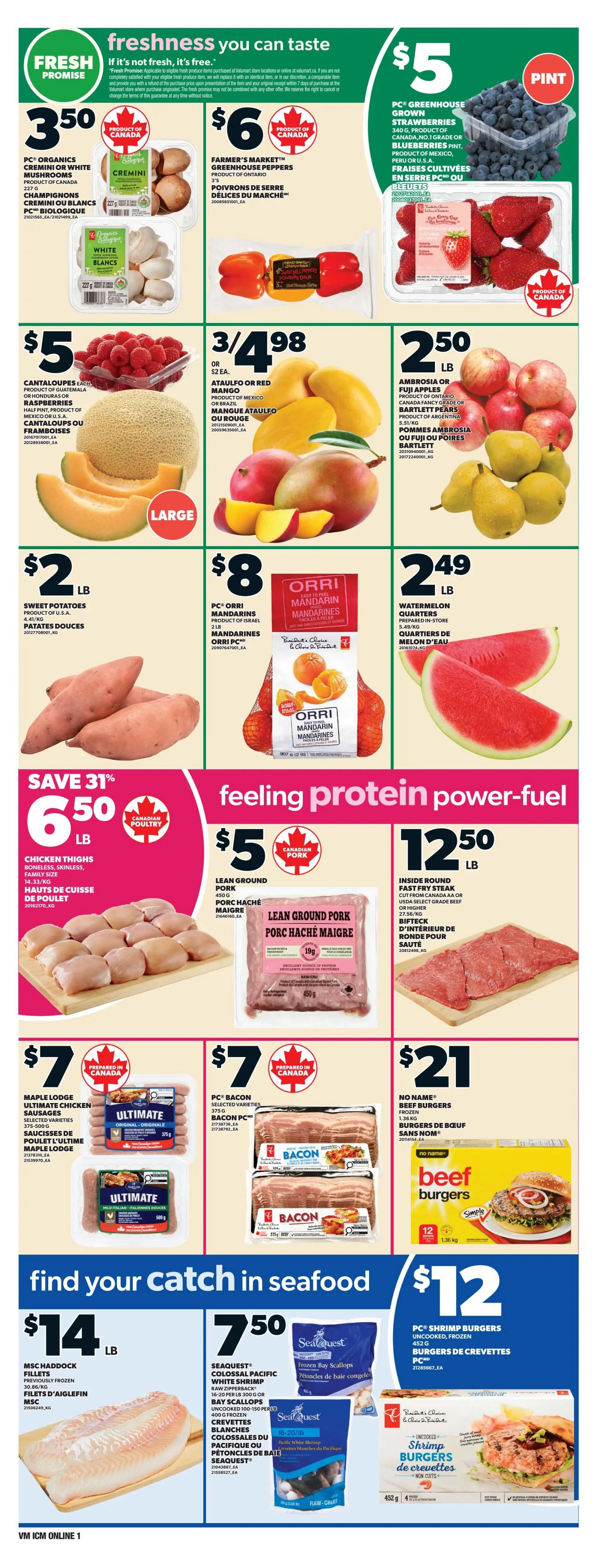 Loblaws weekly flyer specials page 3 featuring fresh produce and protein. Top row offers PC Organics Cremini or White Mushrooms for $3.50, Farmer's Market Greenhouse Peppers for $6, and PC Greenhouse Strawberries 340g or Blueberries Pint for $5. The second row includes Cantaloupes or Raspberries for $5, Ataulfo or Red Mangoes 3/4.98, and Ambrosia or Fuji Apples and Bartlett Pears for $2.50/lb. Below that, Sweet Potatoes are $2/lb and PC Orri Mandarin Oranges 2lb bag are $8. Watermelon Quarters prepared in-store are $2.49/lb. The bottom half highlights protein deals: Chicken Thighs (boneless, skinless) are $6.50/lb, Lean Ground Pork is $5/lb, and Inside Round Fast Fry Steak is $12.50/lb. Sausage options include Maple Lodge Ultimate Chicken Sausages for $7 and PC Bacon selected varieties for $7. No Name Beef Burgers frozen 12 pack are $21. The seafood section features MSC Haddock Fillets for $14/lb, SeaQuest Colossal Pacific White Shrimp or Bay Scallops for $7.50, and PC Shrimp Burgers frozen 452g for $12.