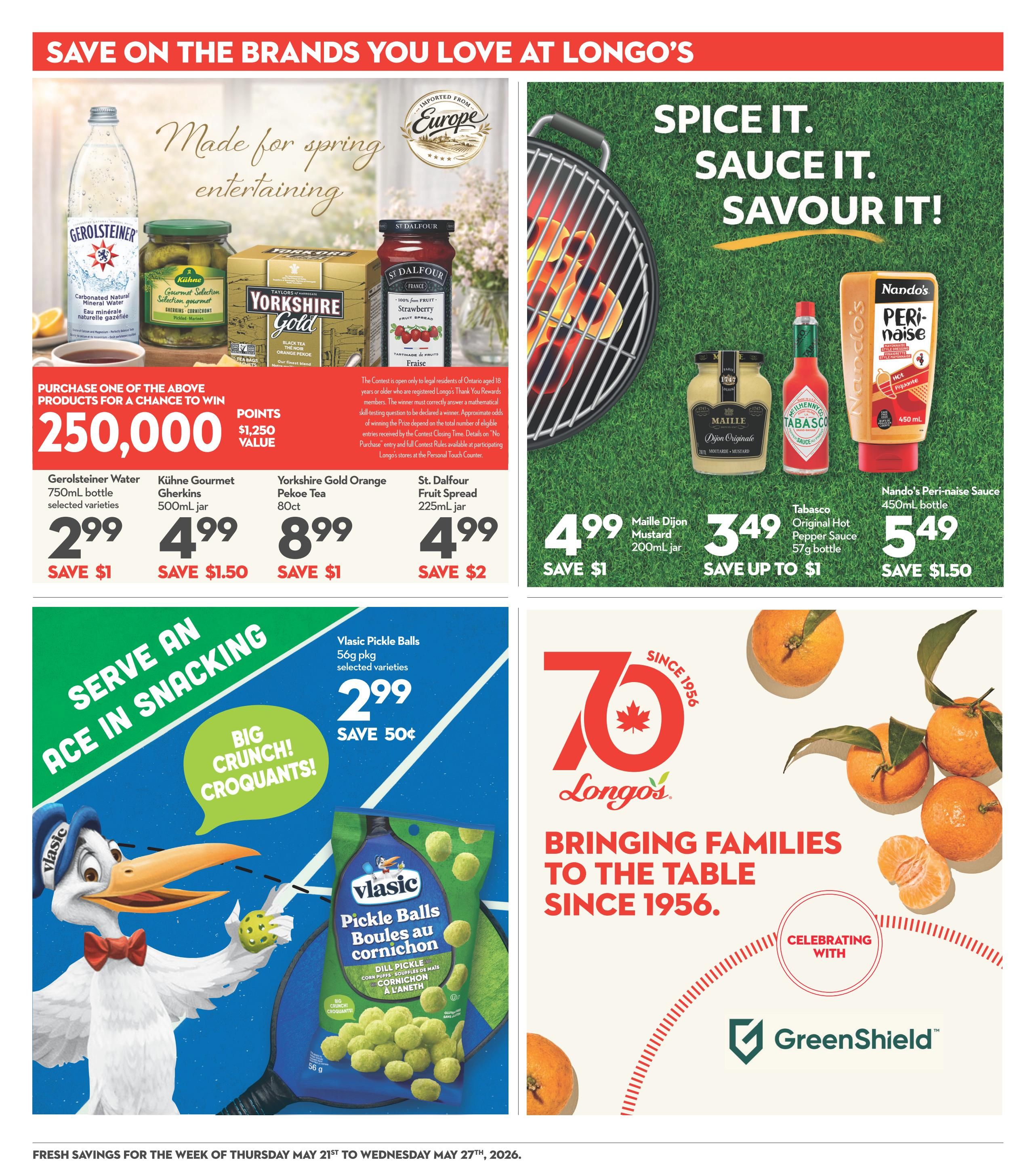 Longo's weekly flyer specials page featuring 'Made for spring entertaining' with Gerolsteiner Water 750mL bottle for $2.99 (save $1), Kühne Gourmet Gherkins 500mL jar for $4.99 (save $1.50), Yorkshire Gold Orange Pekoe Tea 80ct for $8.99 (save $1), and St. Dalfour Fruit Spread 225mL jar for $4.99 (save $2). Purchase one of these products for a chance to win 250,000 points, valued at $1,250. The page also highlights 'Spice It. Sauce It. Savour It!' with Maille Dijon Mustard 200mL jar for $4.99 (save $1), Tabasco Original Hot Pepper Sauce 57g bottle for $3.49 (save up to $1), and Nando's Peri-naise Sauce 450mL bottle for $5.49 (save $1.50). Additionally, 'Serve an Ace in Snacking' features Vlasic Pickle Balls 56g pkg for $2.99 (save 50¢). The page also includes Longo's 'Bringing Families to the Table Since 1956' celebration with GreenShield. Fresh savings are valid from Thursday, May 21st to Wednesday, May 27th, 2026.
