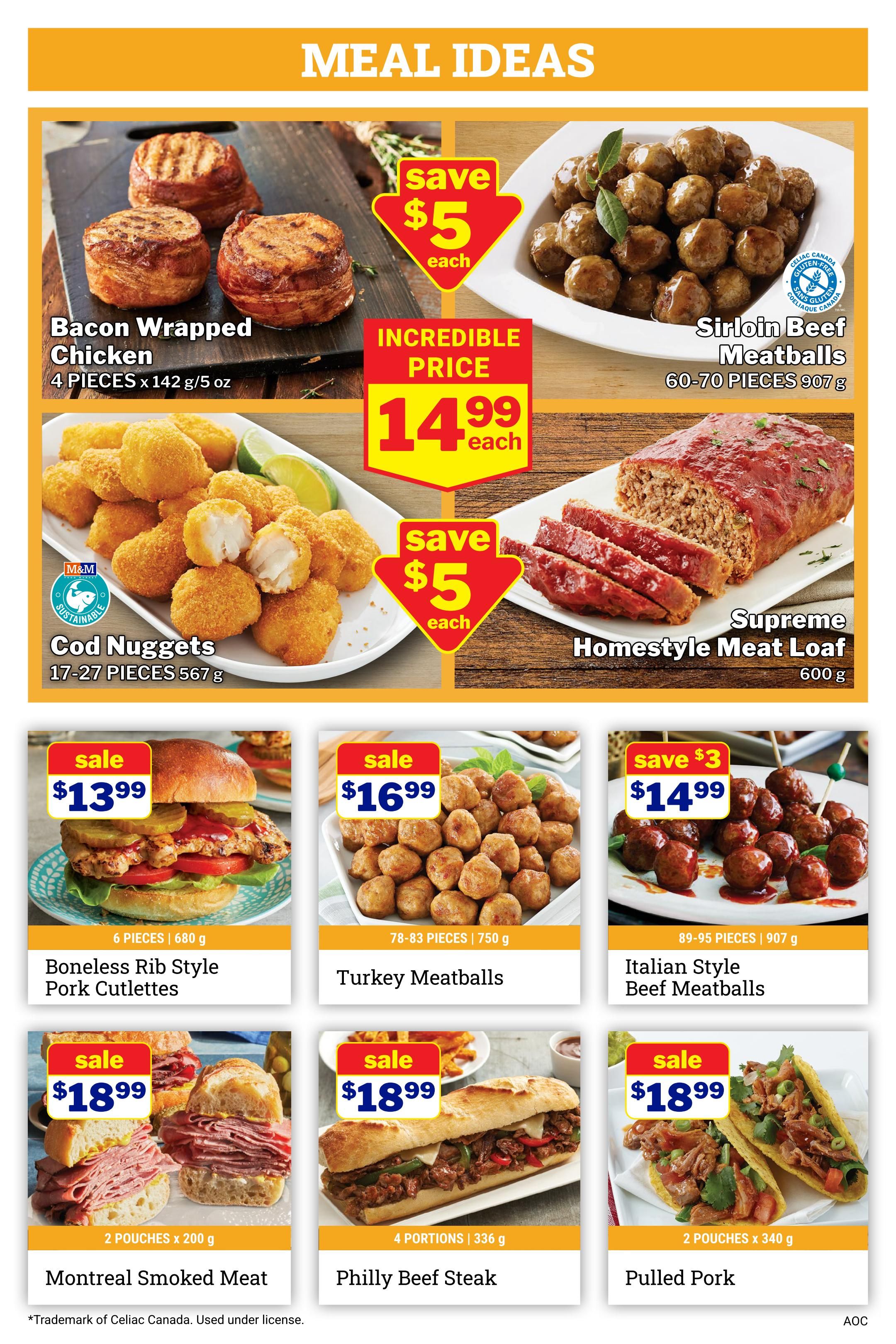 M&M Food Market weekly flyer specials page 2 features meal ideas. Top row includes Bacon Wrapped Chicken for $14.99 each with a save $5 offer, and Sirloin Beef Meatballs (60-70 pieces, 907 g) also for $14.99 each with a save $5 offer. Below these are Cod Nuggets (17-27 pieces, 567 g) for $14.99 each with a save $5 offer, and Supreme Homestyle Meat Loaf (600 g) for $14.99 each. The bottom row showcases Boneless Rib Style Pork Cutlettes (6 pieces, 680 g) on sale for $13.99, Turkey Meatballs (78-83 pieces, 750 g) on sale for $16.99, and Italian Style Beef Meatballs (89-95 pieces, 907 g) on sale for $14.99 with a save $3 offer. The final row features Montreal Smoked Meat (2 pouches x 200 g) on sale for $18.99, Philly Beef Steak (4 portions, 336 g) on sale for $18.99, and Pulled Pork (2 pouches x 340 g) on sale for $18.99.