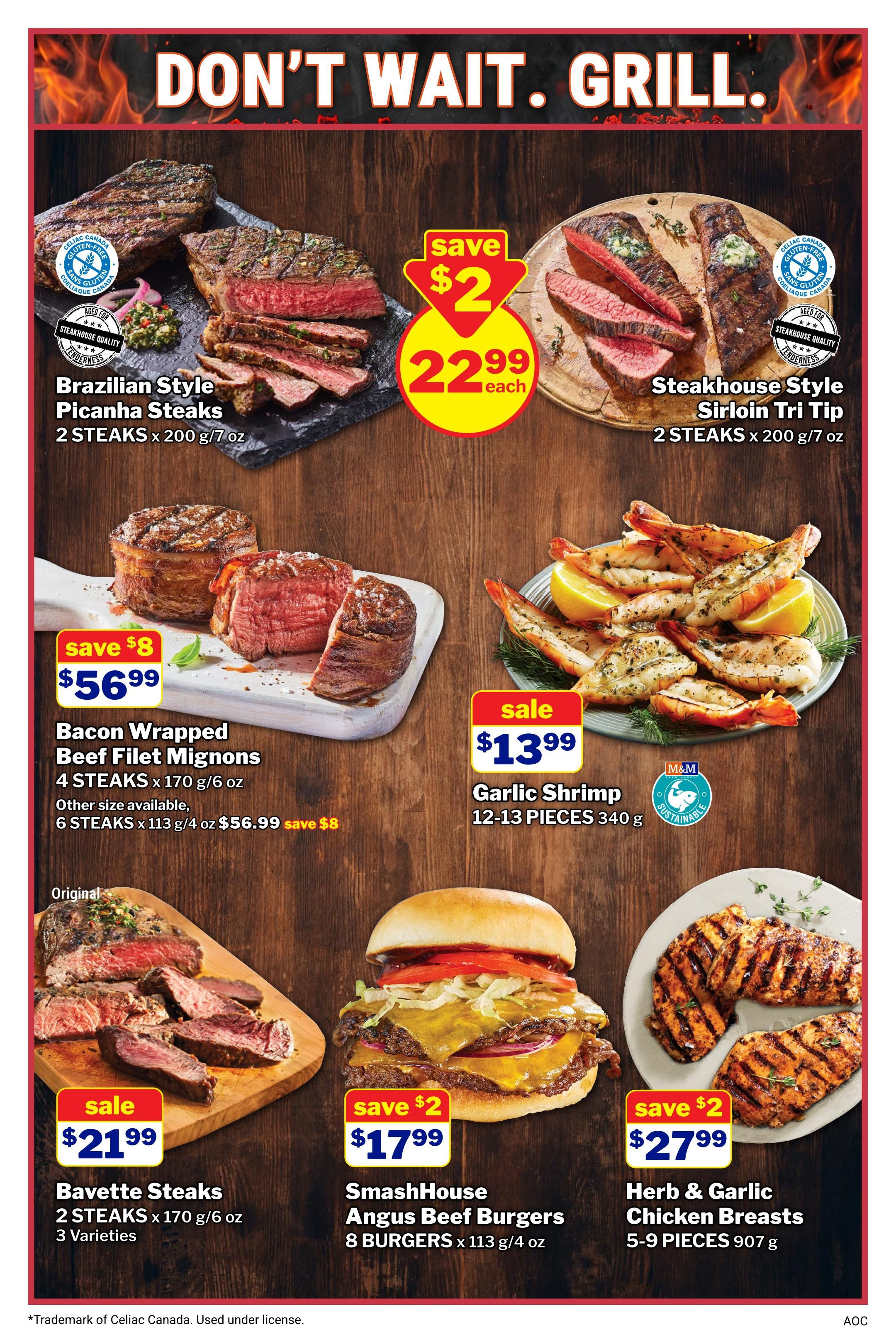M&M Food Market weekly flyer specials page 3 features a variety of grilled meats and seafood. Highlighted items include Brazilian Style Picanha Steaks, 2 steaks for $22.99 each, saving $2. Steakhouse Style Sirloin Tri Tip, 2 steaks for $22.99 each, also saving $2. Bacon Wrapped Beef Filet Mignons are on sale for $56.99 for 4 steaks (170 g/6 oz), saving $8, with a 6 steak option also available for $56.99 saving $8. Garlic Shrimp, 12-13 pieces (340 g), is on sale for $13.99. Bavette Steaks, 2 steaks (170 g/6 oz) in 3 varieties, are on sale for $21.99. SmashHouse Angus Beef Burgers, 8 burgers (113 g/4 oz), are $17.99 with a $2 saving. Finally, Herb & Garlic Chicken Breasts, 5-9 pieces (907 g), are $27.99 with a $2 saving. The page also notes that the Picanha Steaks and Sirloin Tri Tip are gluten-free and aged for tenderness.