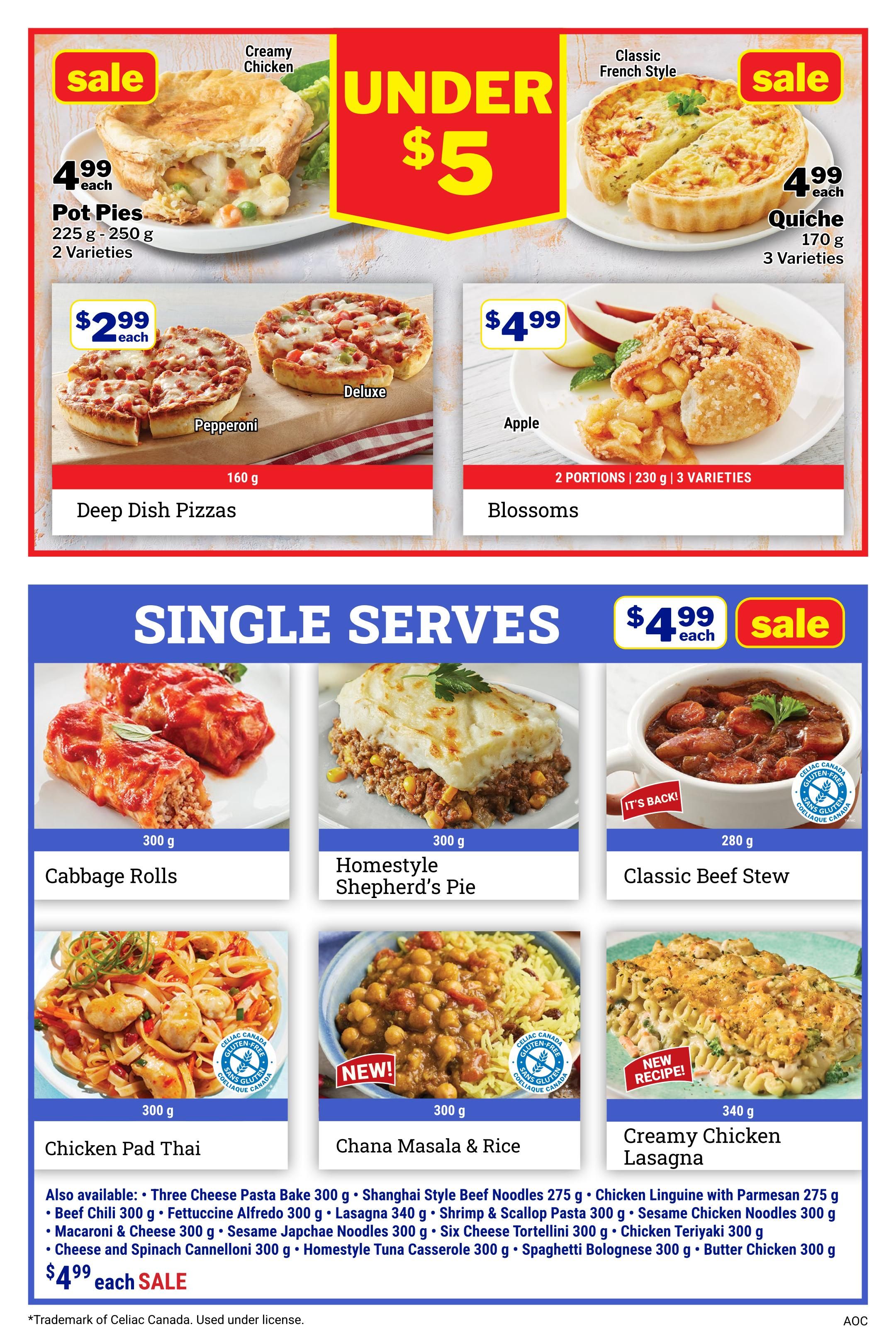 M&M Food Market weekly flyer specials page 6. Featuring 'Under $5' deals: Pot Pies (225 g - 250 g, 2 varieties) for $4.99 each, and Classic French Style Quiche (170 g, 3 varieties) for $4.99 each. Also available are Deep Dish Pizzas (160 g) in Pepperoni and Deluxe varieties for $2.99 each, and Apple Blossoms (2 portions, 230 g, 3 varieties) for $4.99. The 'Single Serves' section includes Cabbage Rolls (300 g), Homestyle Shepherd's Pie (300 g), and Classic Beef Stew (280 g) for $4.99 each. Other single serves are Chicken Pad Thai (300 g), Chana Masala & Rice (300 g) with a 'New!' tag, and Creamy Chicken Lasagna (340 g) with a 'New Recipe!' tag, all for $4.99 each. Additional items on sale for $4.99 each include: Three Cheese Pasta Bake 300 g, Shanghai Style Beef Noodles 275 g, Chicken Linguine with Parmesan 275 g, Beef Chili 300 g, Fettuccine Alfredo 300 g, Lasagna 300 g, Shrimp & Scallop Pasta 300 g, Sesame Chicken Noodles 300 g, Macaroni & Cheese 300 g, Sesame Japchae Noodles 300 g, Six Cheese Tortellini 300 g, Chicken Teriyaki 300 g, Cheese and Spinach Cannelloni 300 g, Homestyle Tuna Casserole 300 g, Spaghetti Bolognese 300 g, and Butter Chicken 300 g. Trademark of Celiac Canada used under license.