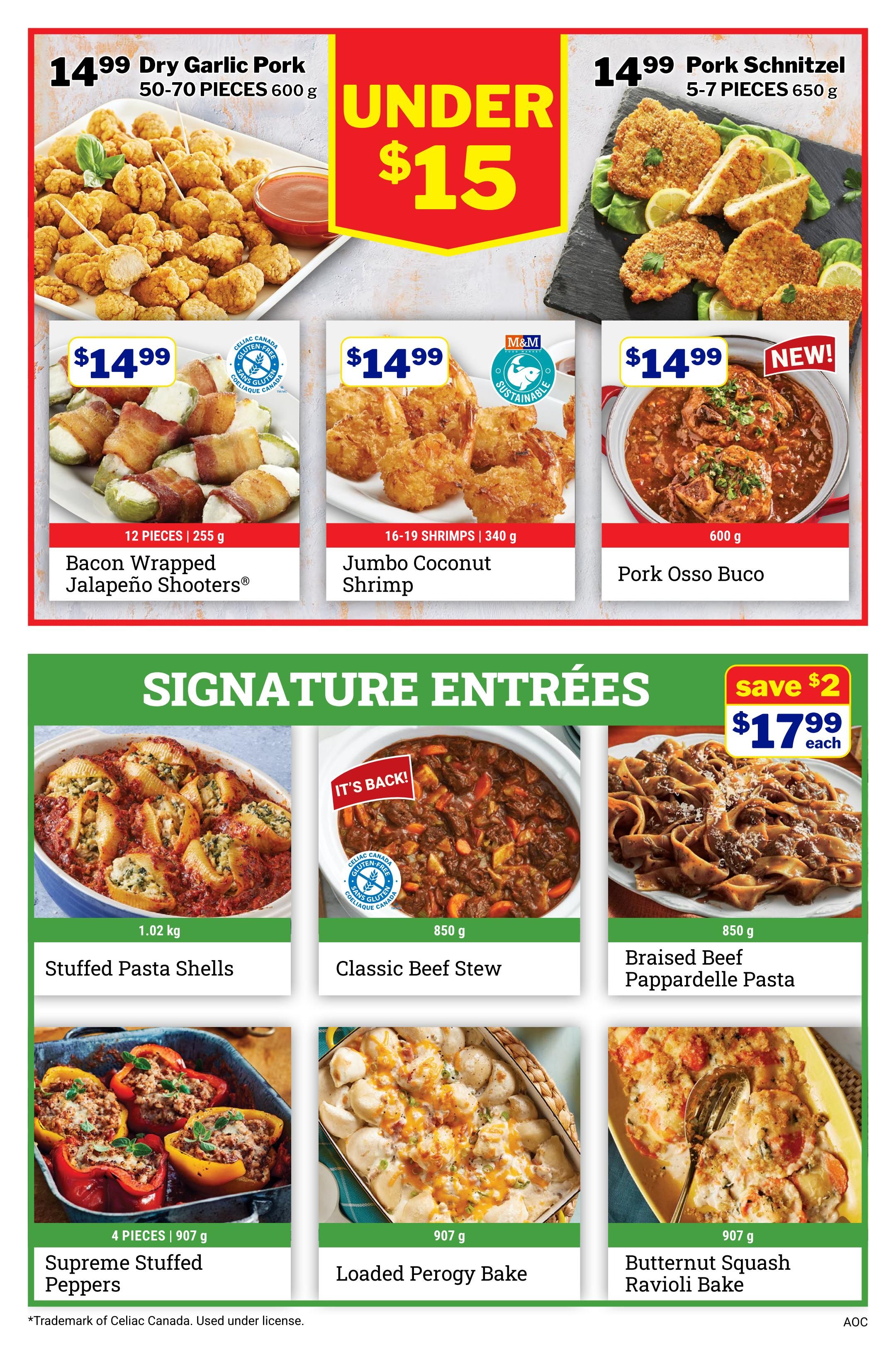 M&M Food Market weekly flyer specials page 8. Top row features Dry Garlic Pork for $14.99 (50-70 pieces, 600 g), Pork Schnitzel for $14.99 (5-7 pieces, 650 g), and Pork Osso Buco for $14.99 (600 g). All these items are advertised as 'Under $15'. Also featured are Bacon Wrapped Jalapeño Shooters for $14.99 (12 pieces, 255 g) and Jumbo Coconut Shrimp for $14.99 (16-19 shrimps, 340 g). The 'Signature Entrées' section includes Stuffed Pasta Shells (1.02 kg) for $17.99 each, Classic Beef Stew (850 g) for $17.99 each, and Braised Beef Pappardelle Pasta (850 g) for $17.99 each. This section also highlights Supreme Stuffed Peppers (4 pieces, 907 g), Loaded Perogy Bake (907 g), and Butternut Squash Ravioli Bake (907 g). The Classic Beef Stew is marked 'It's Back!' and all featured entrées are $17.99 each, with a 'save $2' indication. Celiac Canada Gluten-Free certification is visible on some products.