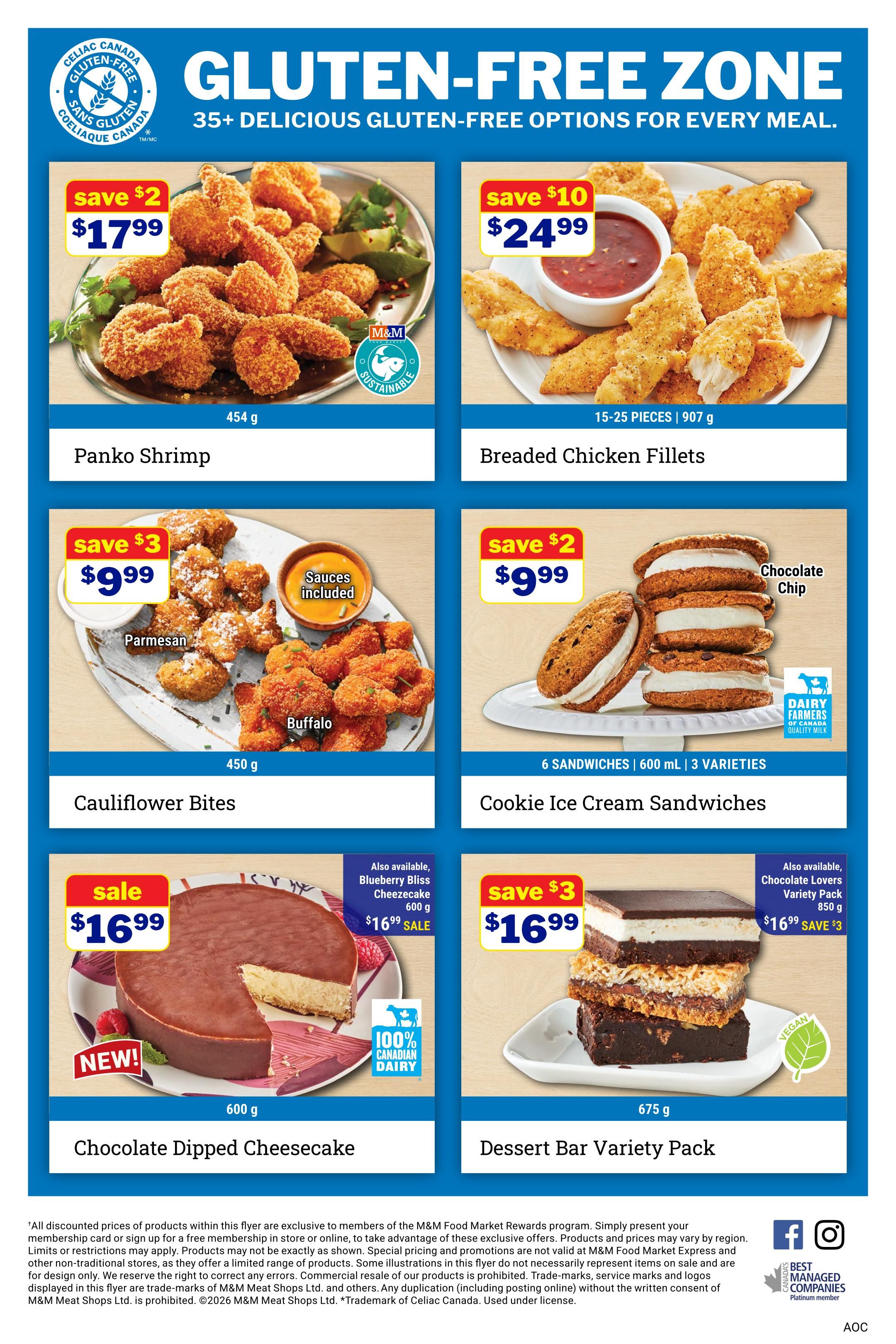 M&M Food Market flyer page 9, featuring a Gluten-Free Zone with over 35 delicious gluten-free options. Top row: Panko Shrimp, 454 g, on sale for $17.99 (save $2); and Breaded Chicken Fillets, 15-25 pieces (907 g), on sale for $24.99 (save $10). Middle row: Cauliflower Bites, 450 g, with sauces included, on sale for $9.99 (save $3); and Cookie Ice Cream Sandwiches, 6 sandwiches (600 mL) in 3 varieties, chocolate chip flavour, made with Dairy Farmers of Canada milk, on sale for $9.99 (save $2). Bottom row: NEW! Chocolate Dipped Cheesecake, 600 g, 100% Canadian Dairy, on sale for $16.99; also available in Blueberry Bliss Cheezecake, 600 g, for $16.99 (sale price). Dessert Bar Variety Pack, 675 g, vegan, on sale for $16.99 (save $3); also available in Chocolate Lovers Variety Pack, 850 g, for $16.99 (save $3).