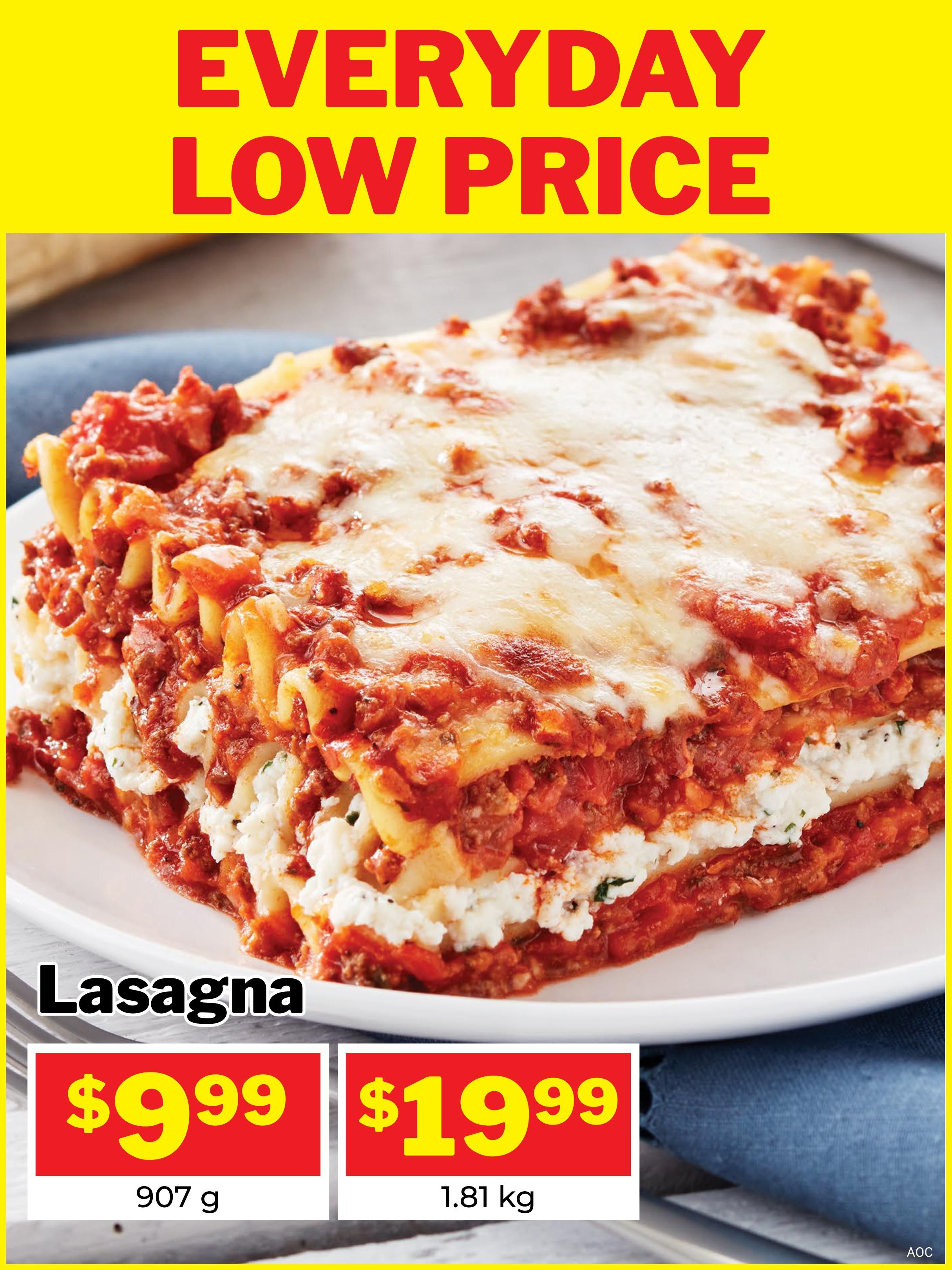 M&M Food Market flyer page featuring Lasagna with an 'Everyday Low Price' message. The lasagna is available in two sizes: 907 g for $9.99 and 1.81 kg for $19.99.