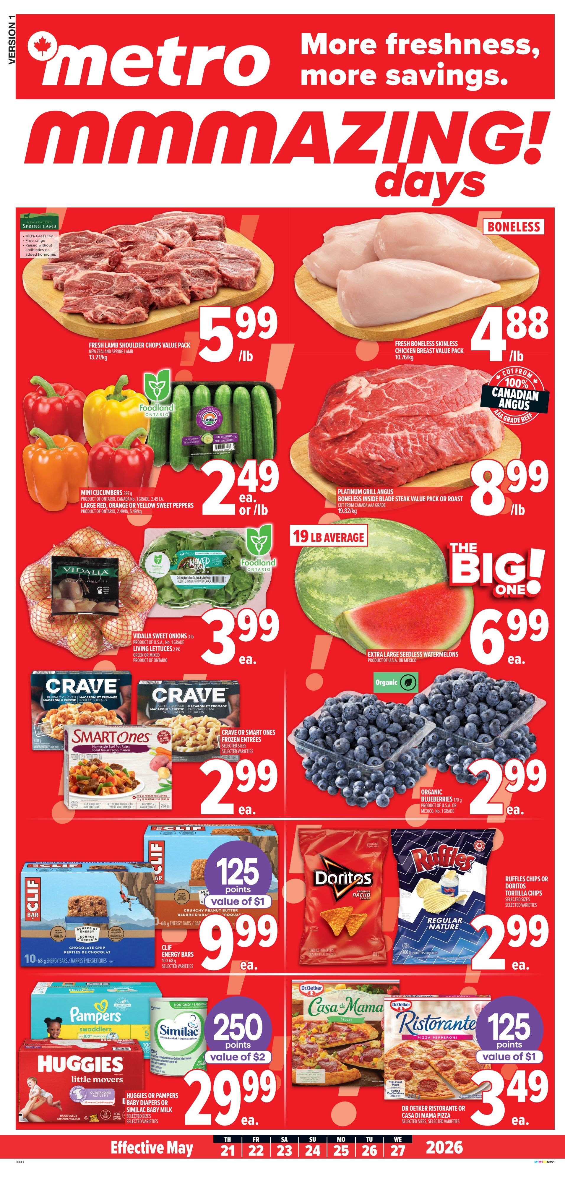 Metro weekly flyer specials page 1 features Black Diamond Marble or Old Cheddar Cheese for $4.88 each, Campbell's Chunky Soup or Habitant Pea Soup for $1.99 each, and Pepperidge Farm Goldfish Cheddar Baked Snack Crackers 12 pack for an unadvertised price. Also featured are Kraft KD Original Macaroni & Cheese 12 boxes for $9.99 each, Häagen-Dazs Ice Cream selected sizes and varieties for $4.99 each, and P&G Bounty Paper Towels or Tide or Gain Detergent for $5.99 each. The flyer is effective May 21 to May 27.