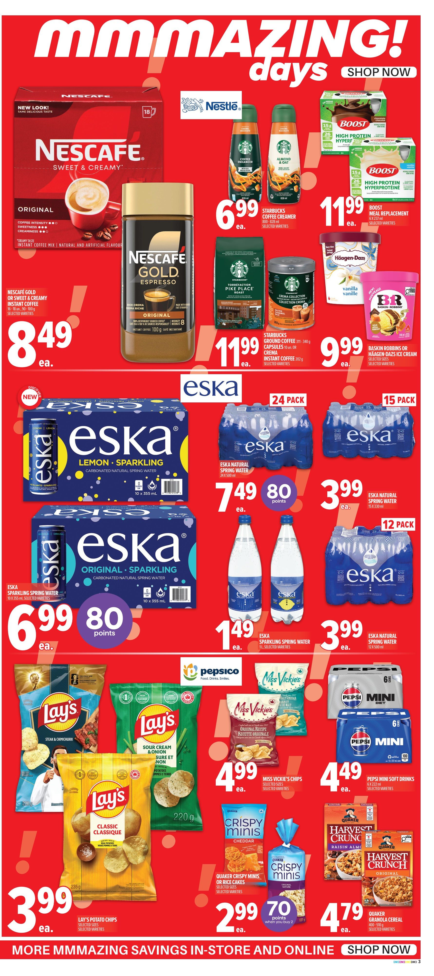 Metro Ontario flyer page 7 featuring 'Mmmmazing! Days' specials. Highlights include Nescafe Gold Espresso instant coffee for $8.49, Starbucks Coffee Creamer for $6.99, and Boost High Protein Meal Replacement for $11.99. Eska sparkling water is on sale with a 24-pack of Lemon Sparkling for $7.49 and a 15-pack of Natural Spring Water for $3.99. Also featured are Eska Original Sparkling water 10-pack for $6.99, Eska Sparkling Spring Water 1L bottles for $1.49, and Eska Natural Spring Water 12-pack for $3.99. Snack deals include Lay's Potato Chips for $3.99, Miss Vickie's Chips for $4.99, Quaker Crispy Minis or Rice Cakes for $2.99 when you buy 2, and Quaker Granola Cereal for $4.79. Pepsi Mini Soft Drinks 6x222ml are $4.49. Häagen-Dazs ice cream or Baskin Robbins is $9.99.