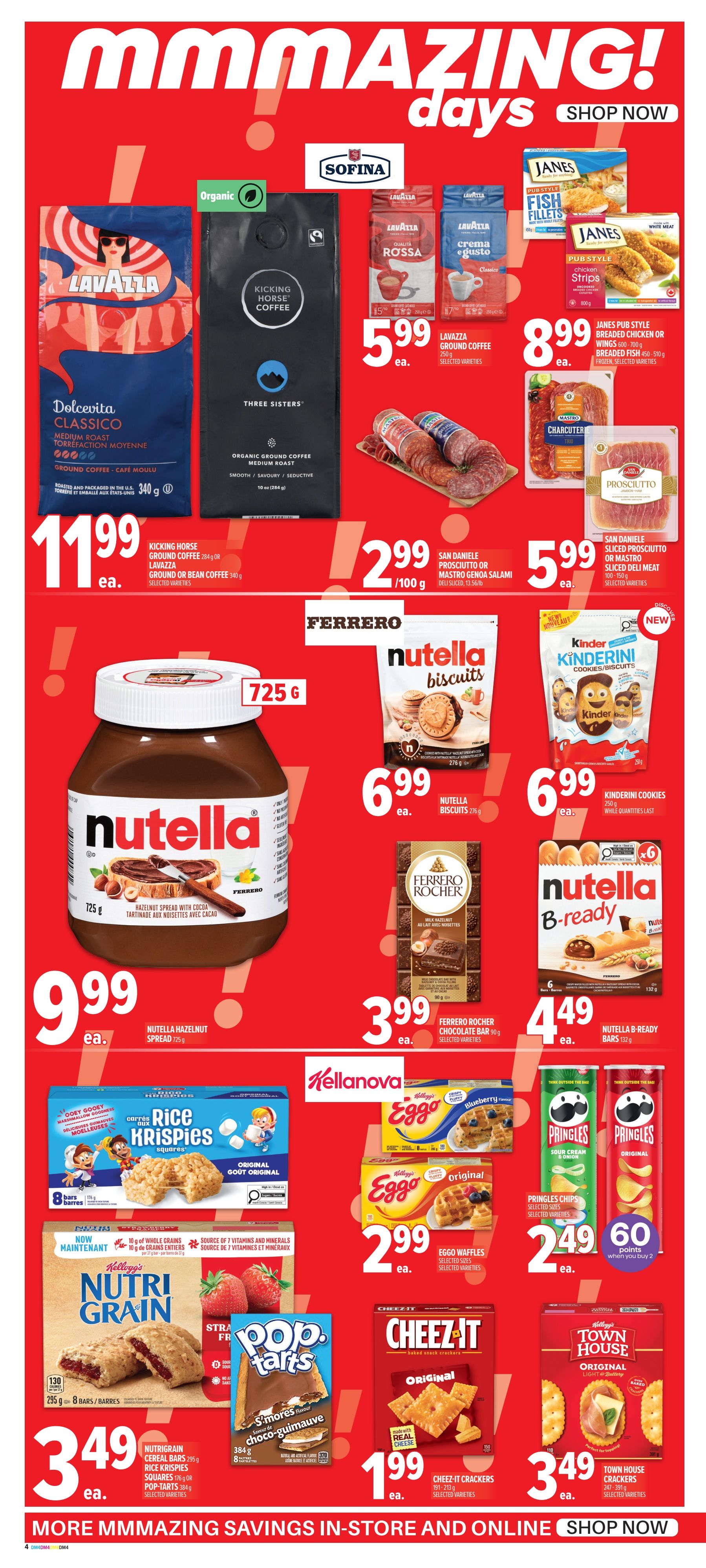 Metro Ontario flyer page 8 features a variety of grocery items. Featured products include Lavazza Dolcevita Classico ground coffee for $11.99, Kicking Horse Organic ground coffee for $11.99, and Lavazza ground coffee for $5.99. Also on sale are San Daniele sliced prosciutto or Mastro Genoa salami for $2.99 per 100g, and Janes Pub Style breaded chicken or wings for $8.99. Sweet treats include Nutella hazelnut spread for $9.99, Nutella Biscuits for $6.99, Kinderini Cookies for $6.99, and Ferrero Rocher chocolate bars for $3.99. Kellanova offers Eggo waffles for $2.99 and Pringles chips for $2.49 with 60 bonus points when you buy 2. Other breakfast and snack items include Kellogg's Nutri Grain cereal bars for $3.49, Pop-Tarts for $3.49, Cheez-It crackers for $1.99, and Town House crackers for $3.49. The page highlights 'Mmmmazing Days' with a 'Shop Now' call to action.