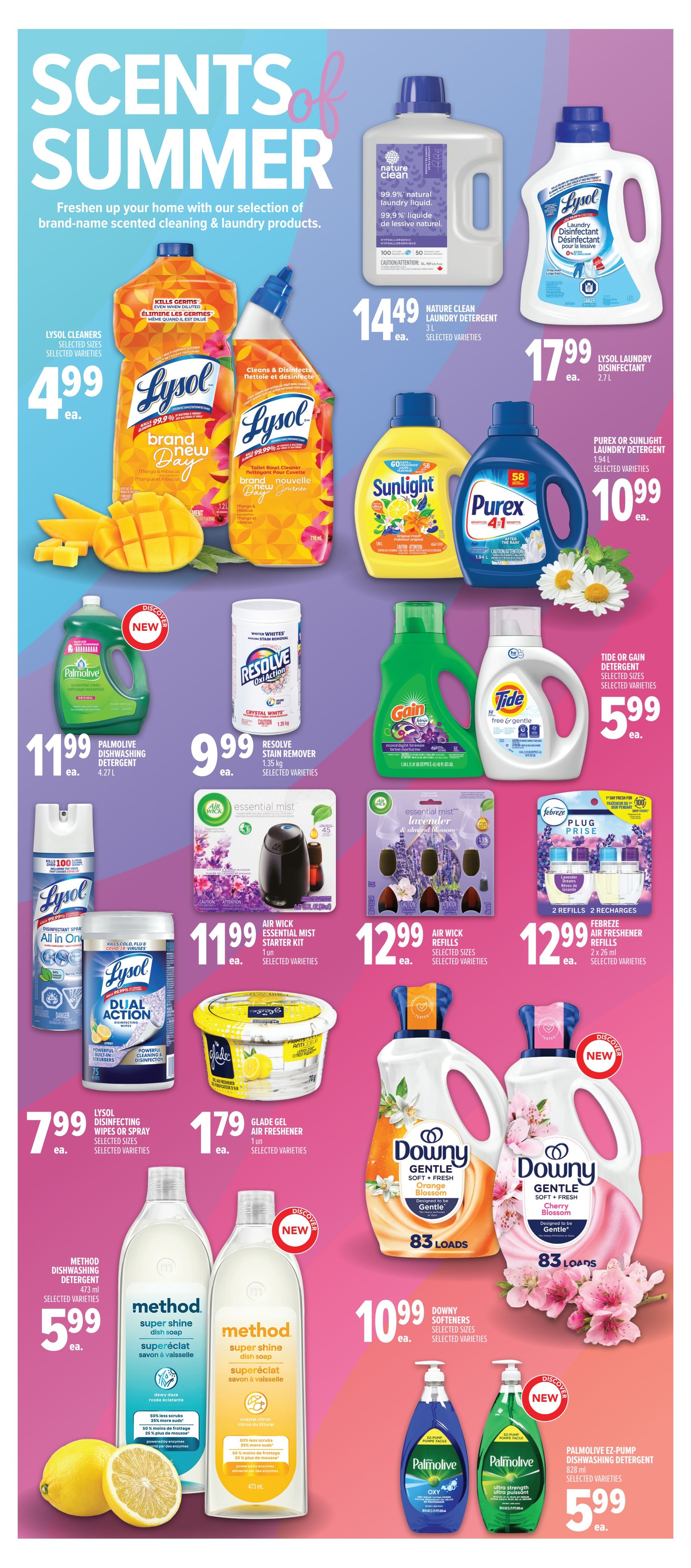 Metro Ontario flyer page 15 features 'Scents of Summer' cleaning and laundry products. Offers include Lysol Cleaners for $4.99, Nature Clean Laundry Liquid 3L for $14.49, and Lysol Laundry Disinfectant 2.7L for $17.99. Also featured are Sunlight or Purex Laundry Detergent 1.94L for $10.99, Palmolive Dishwashing Detergent 4.27L for $11.99, Resolve Stain Remover 1.35kg for $9.99, and Tide or Gain Detergent for $5.99. Air Wick Essential Mist Starter Kits are $11.99 and Refills are $12.99. Febreze Air Freshener Refills are $12.99. Lysol Disinfecting Wipes or Spray are $7.99. Glade Gel Air Freshener is $1.79. Method Super Shine Dish Soap 473ml is $5.99. Downy Softeners 83 loads are $10.99. Palmolive EZ-Pump Dishwashing Detergent 828ml is $5.99.