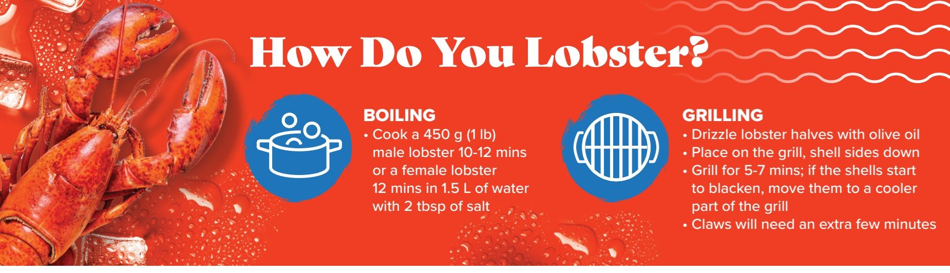 Metro flyer page 22, 'How Do You Lobster?' feature with instructions for boiling and grilling. Boiling instructions include cooking a 450 g (1 lb) male lobster for 10-12 minutes or a female lobster for 12 minutes in 1.5 L of water with 2 tbsp of salt. Grilling instructions suggest drizzling lobster halves with olive oil, placing them shell-side down on the grill for 5-7 minutes until shells start to blacken, then moving to a cooler part of the grill. Claws require a few extra minutes of grilling.