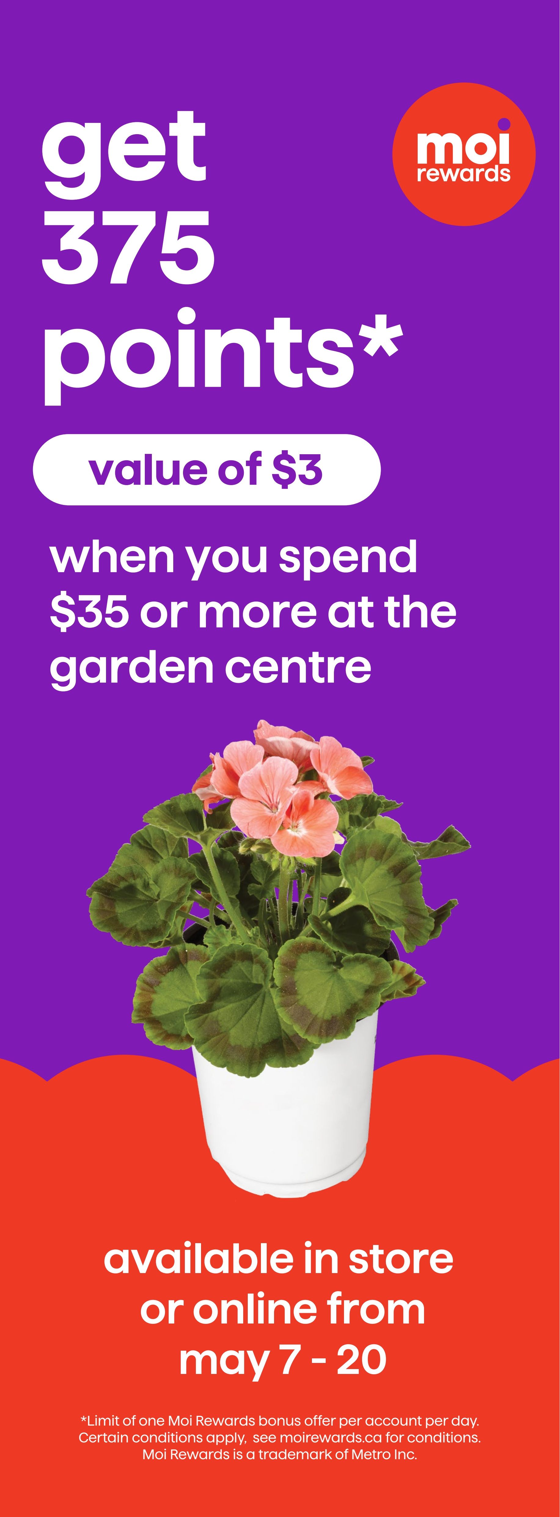 Metro flyer page 23: Get 375 Moi Rewards points, valued at $3, when you spend $35 or more at the garden centre. Offer available in store or online from May 7 to May 20. A potted plant with pink flowers is shown. A limit of one Moi Rewards bonus offer per account per day applies. See moirewards.ca for conditions. Moi Rewards is a trademark of Metro Inc.