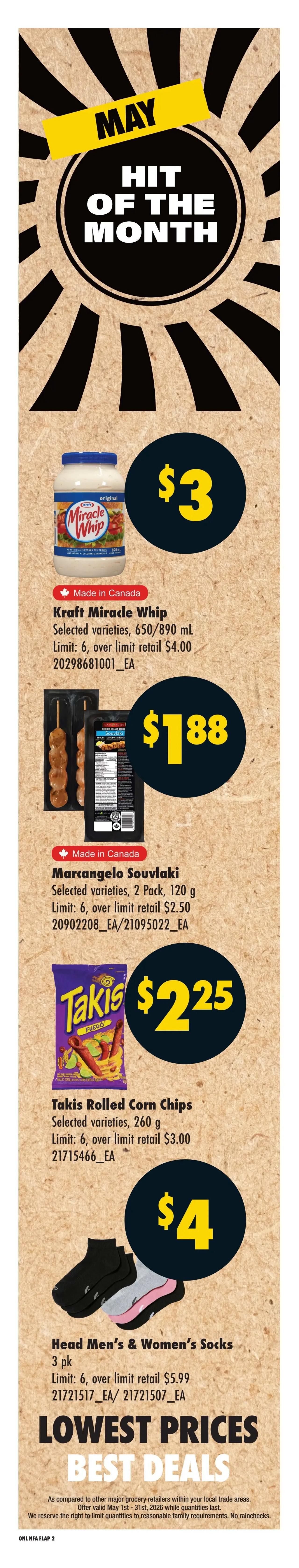 No Frills Atlantic Canada weekly flyer specials, Page 9. Featured 'Hit of the Month' deals include Kraft Miracle Whip selected varieties, 650/890 mL for $3 (limit 6, over limit retail $4.00). Marcangelo Souvlaki selected varieties, 2 Pack, 120 g for $1.88 (limit 6, over limit retail $2.50). Takis Rolled Corn Chips selected varieties, 260 g for $2.25 (limit 6, over limit retail $3.00). Head Men's & Women's Socks, 3 pk for $4 (limit 6, over limit retail $5.99). The flyer also highlights 'Lowest Prices Best Deals' and states offers are valid May 1st - 31st, 2026, while quantities last.