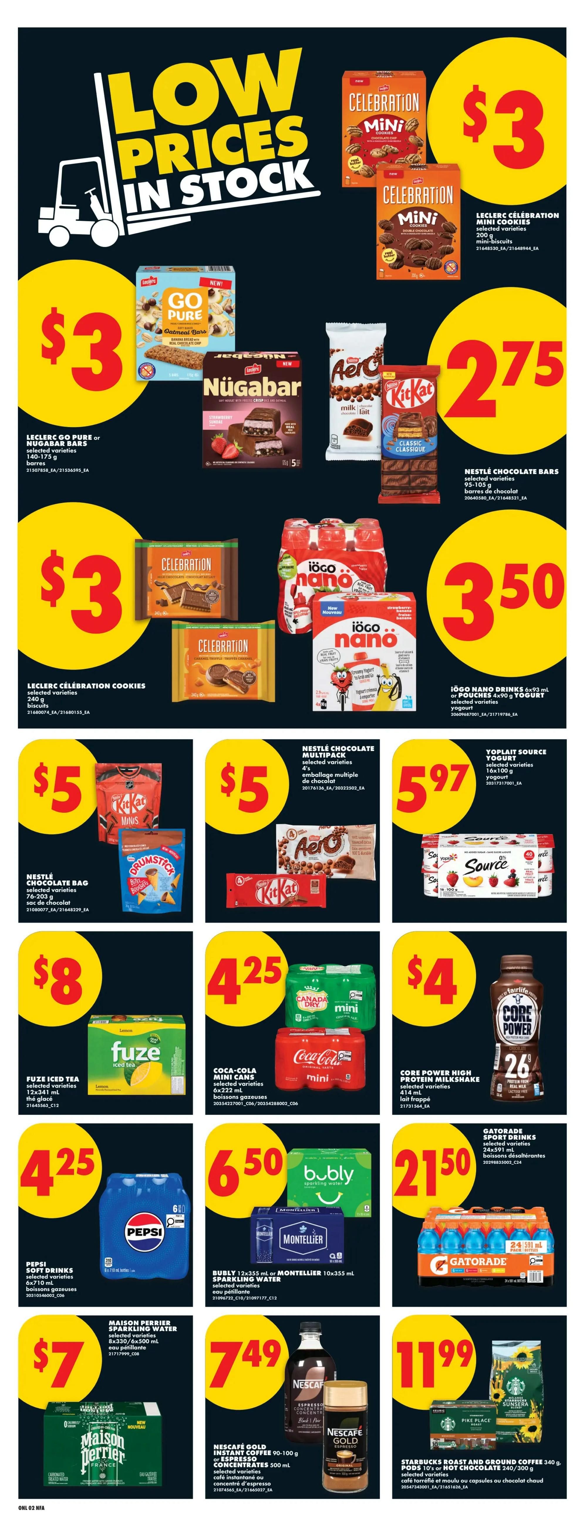 No Frills Atlantic Canada weekly flyer specials page 12 features 'Low Prices In Stock'. Deals include Leclerc Celebration Mini Cookies for $3, Leclerc Go Pure or Nugabars for $3, Nestlé Chocolate Bars for $2.75, Nestlé Chocolate Bag for $5, Kit Kat Minis for $5, Aero Chocolate for $5, Source Yogurt for $5.97, Fuze Iced Tea for $8, Coca-Cola Mini Cans for $4.25, Core Power High Protein Milkshake for $4, Pepsi Drinks for $4.25, Bubly or Montellier Sparkling Water for $6.50, Gatorade Sport Drinks for $21.50, Maison Perrier Sparkling Water for $7, Nescafé Gold Instant Coffee or Espresso Concentrates for $7.49, and Starbucks Roast and Ground Coffee or Hot Chocolate for $11.99.