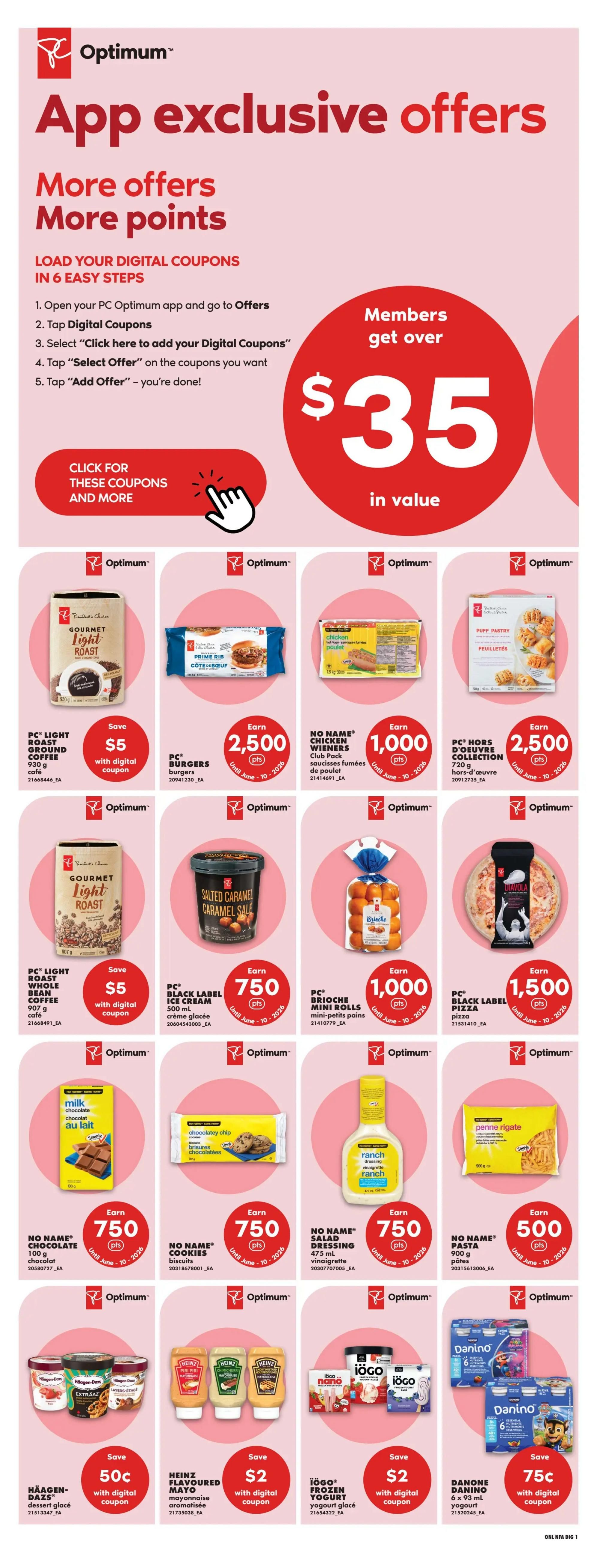 No Frills flyer page 18 featuring app exclusive offers and digital coupons. Members can get over $35 in value by loading digital coupons in 6 easy steps via the PC Optimum app. Featured products include PC Light Roast Whole Bean Coffee (907 g) with a $5 digital coupon saving, PC Burgers (Prime Rib Côte-Bœuf) with an offer to earn 2,500 Optimum points, No Name Chicken Wieners Club Pack with an offer to earn 1,000 Optimum points, and PC Hors d'oeuvre Collection (720 g) with an offer to earn 2,500 Optimum points. Other offers include PC Black Label Ice Cream (500 ml) for 750 Optimum points, PC Brioche Mini Rolls for 1,000 Optimum points, PC Black Label Pizza for 1,500 Optimum points, No Name Chocolate (100 g) for 750 Optimum points, No Name Cookies for 750 Optimum points, No Name Salad Dressing (473 ml) for 750 Optimum points, No Name Pasta (900 g) for 500 Optimum points. Also featured are Häagen-Dazs dessert glacé with a 50¢ digital coupon saving, Heinz Flavoured Mayo (mayonnaise aromatisée) with a $2 digital coupon saving, Iögo Frozen Yogurt (yogourt glacé) with a $2 digital coupon saving, and Danone Danino (6 x 93 mL yogourt) with a 75¢ digital coupon saving. All offers are valid until June 10, 2026.