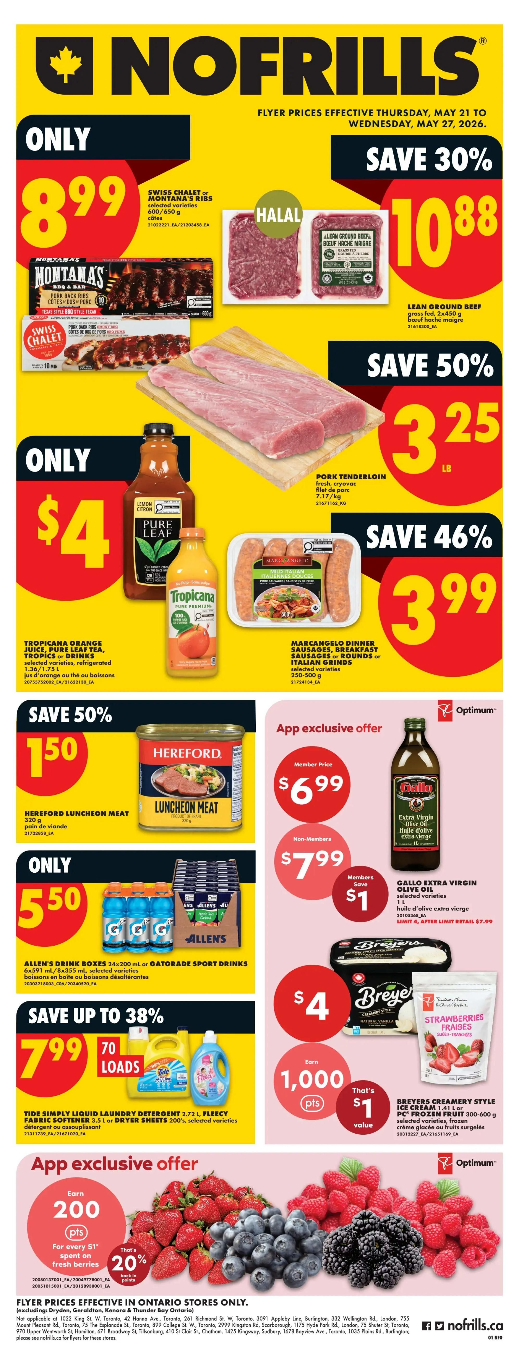 No Frills weekly flyer specials page 1 features a whole seedless watermelon, 9 lb average, for only $3.44. Avocados, product of Mexico, Peru or Colombia, are available in a package of 5 for only $2.99. Save 31% on English cucumbers, product of Canada or Mexico, no. 1 grade, priced at $0.88 each. Save 37% on green cabbage, product of Canada, no. 1 grade, for $0.49 per lb. Also, save 43% on PC Garden Salad or PC Coleslaw, product of U.S.A., with a 397g bag for $1.99 and a 340g bag also for $1.99.