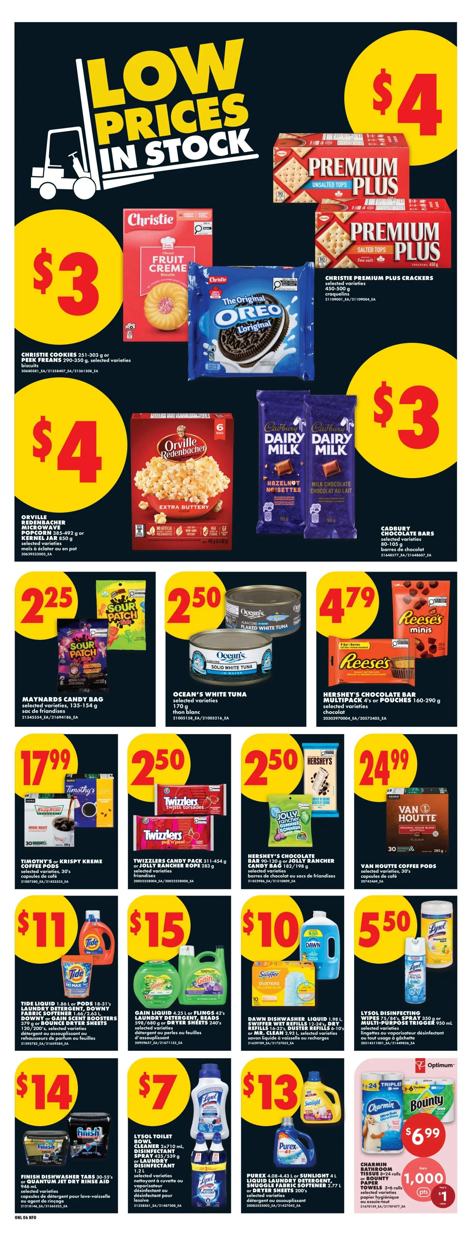 No Frills Ontario weekly flyer specials page 15. Featured deals include Christie Cookies or Peek Freans for $3, Christie Premium Plus Crackers for $4, Orville Redenbacher Microwave Popcorn or Kernels for $4, and Cadbury Chocolate Bars for $3. Also on sale are Maynards Candy Bags for $2.25, Ocean's White Tuna for $2.50, and Reese's Minis or Chocolate Bars for $4.79. Timothy's or Krispy Kreme Coffee Pods are $17.99, Twizzlers Candy or Jolly Rancher Rope is $2.50, and Van Houtte Coffee Pods are $24.99. Tide Liquid Laundry Detergent or Pods are $11, Gain Laundry Detergent or Beads are $15, and Dawn Dishwasher Liquid or Swiffer Wet Refills are $10. Lysol Toilet Bowl Cleaner or Disinfectant Spray is $7, and Purex or Sunlight Liquid Laundry Detergent is $13. Charmin Bathroom Tissue or Bounty Paper Towels are $6.99 for 1,000 points.