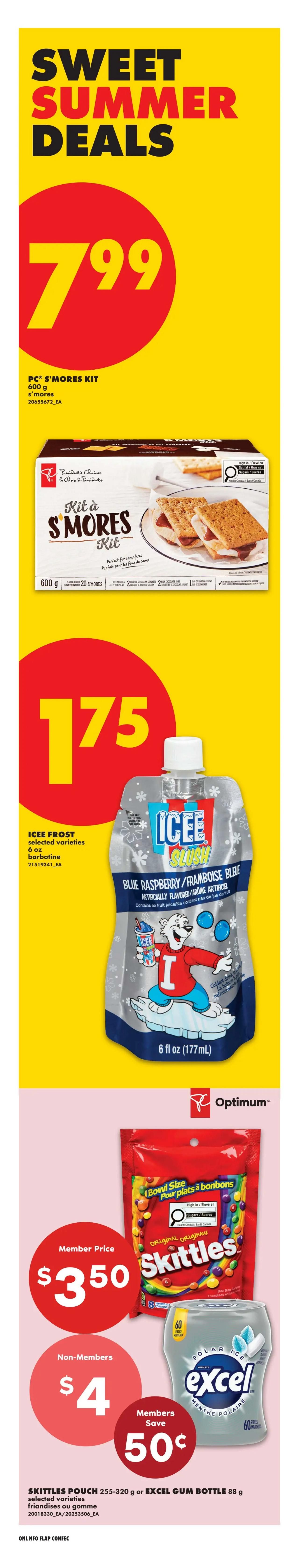 No Frills Ontario flyer page 19 features 'Sweet Summer Deals'. Highlighted products include PC S'mores Kit for $7.99, and ICEE Frost selected varieties pouch for $1.75. Also featured are Skittles Pouch (255-320 g) for a member price of $3.50, and non-member price of $4. Members save 50¢ on Excel Gum Bottle (88 g).