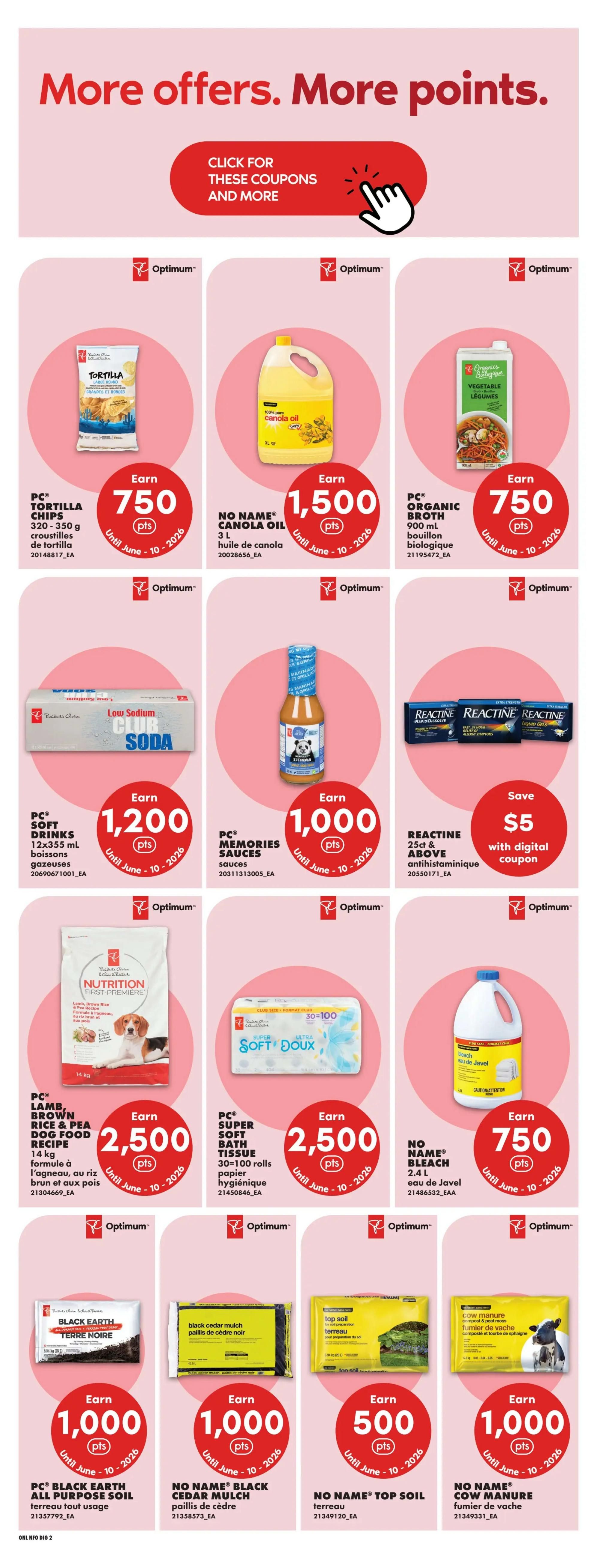 No Frills Ontario flyer page 22 featuring 'More offers. More points.' with a clickable section for coupons. Products include PC Tortilla Chips, earning 750 Optimum points; No Name Canola Oil (3 L), earning 1,500 Optimum points; PC Organic Broth (900 mL), earning 750 Optimum points. Also featured are PC Soft Drinks (12x355 mL), earning 1,200 Optimum points; PC Memories Sauces, earning 1,000 Optimum points; and Reactine 25ct & above, saving $5 with a digital coupon. Further down, PC Lamb, Brown Rice & Pea Dog Food (14 kg) earns 2,500 Optimum points; PC Super Soft Bath Tissue (30-100 rolls) earns 2,500 Optimum points; and No Name Bleach (2.4 L) earns 750 Optimum points. The bottom row shows PC Black Earth All Purpose Soil earning 1,000 Optimum points; No Name Black Cedar Mulch earning 1,000 Optimum points; No Name Top Soil earning 500 Optimum points; and No Name Cow Manure earning 1,000 Optimum points. All offers are valid until June 10, 2026.