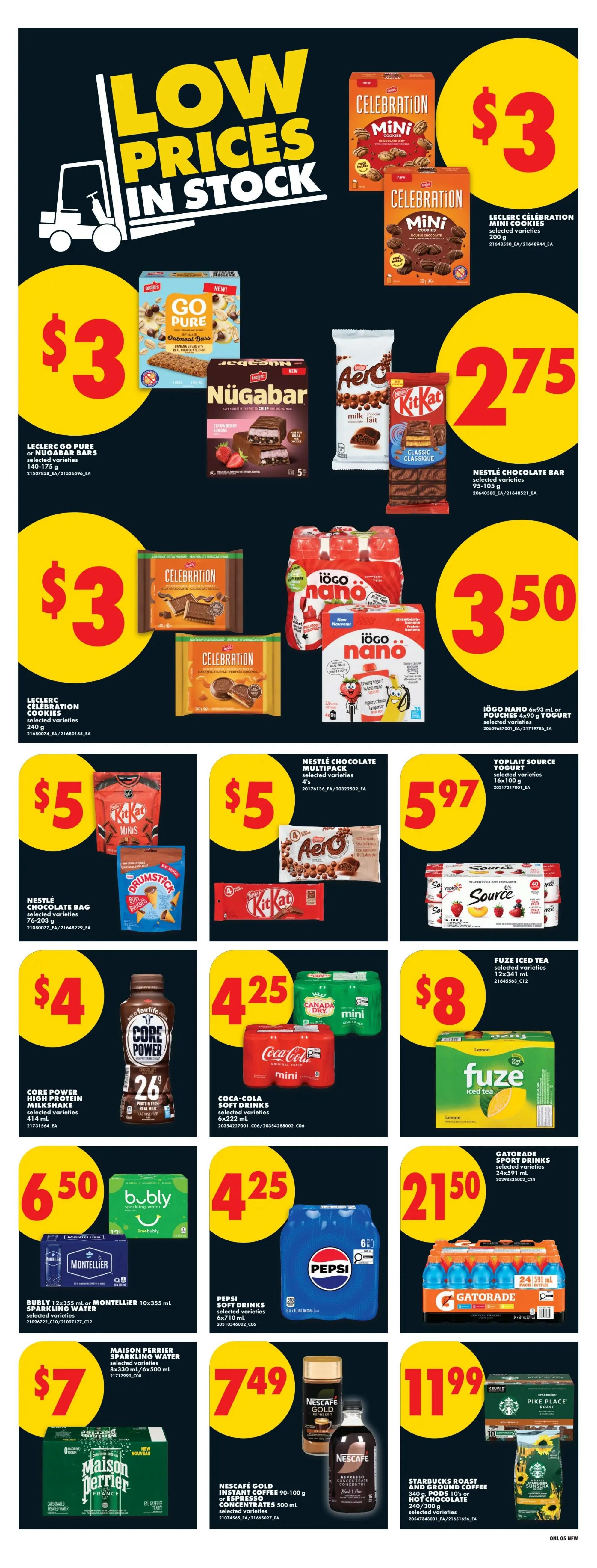 No Frills weekly flyer specials page 14 features 'Low Prices In Stock'. Deals include Leclerc Celebration Mini cookies for $3, Go Pure or Nutabar bars for $3, Nestlé Chocolate bars for $2.75, Celebration cookies for $3, Iögo Nano yogurt multipack for $3.50, Nestlé Chocolate bags for $5, Aero bars for $5, Kit Kat Minis for $5, Source sparkling water for $5.97, Core Power high protein milkshake for $4, Coca-Cola soft drinks for $4.25, Fuze Iced Tea for $8, Bubly or Montellier sparkling water for $6.50, Pepsi soft drinks for $4.25, Gatorade sport drinks for $21.50, Maison Perrier sparkling water for $7, Nescafé Gold instant coffee or espresso concentrates for $7.49, and Starbucks roast and ground coffee or hot chocolate for $11.99.