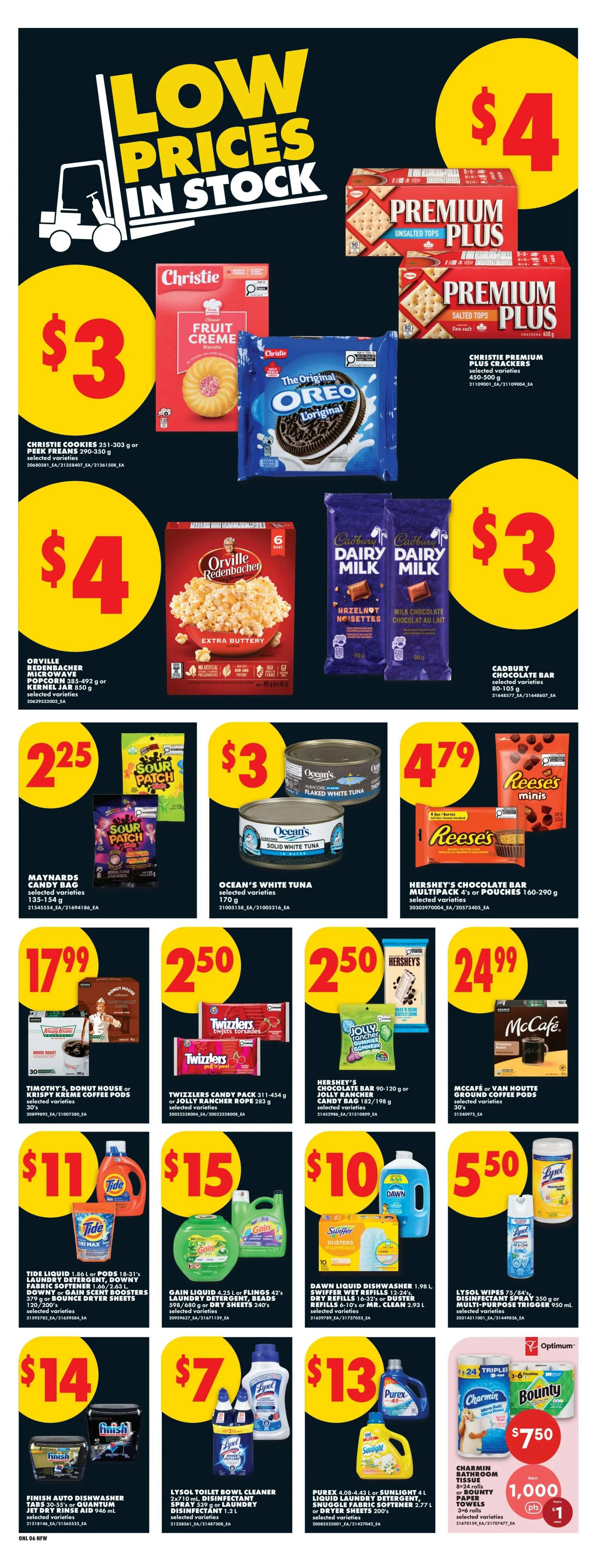 No Frills weekly flyer specials page 15. Features Christie Cookies for $3, Christie Premium Plus Crackers for $4, Orville Redenbacher Microwave Popcorn for $4, and Cadbury Dairy Milk Chocolate Bars for $3. Also on sale are Ocean's White Tuna for $3, Maynards Candy Bags for $2.25, Reese's Minis for $4.79, Timothy's or Donut House or Krispy Kreme Coffee Pods for $17.99, Twizzlers Candy Pack or Rope for $2.50, Hershey's Chocolate Bar or Jolly Rancher Candy Bag for $2.50, and McCafe or Van Houtte Ground Coffee Pods for $24.99. Cleaning supplies include Tide Liquid or Pods for $11, Gain Liquid or Flings for $15, Dawn Liquid Dishwasher or Swiffer Wipes for $10, Lysol Toilet Bowl Cleaner or Disinfectant Spray for $7, Purex Laundry Detergent or Sunlight Laundry Detergent for $13, and Charmin Bathroom Tissue or Bounty Paper Towels for $7.50 with 1,000 Optimum points.