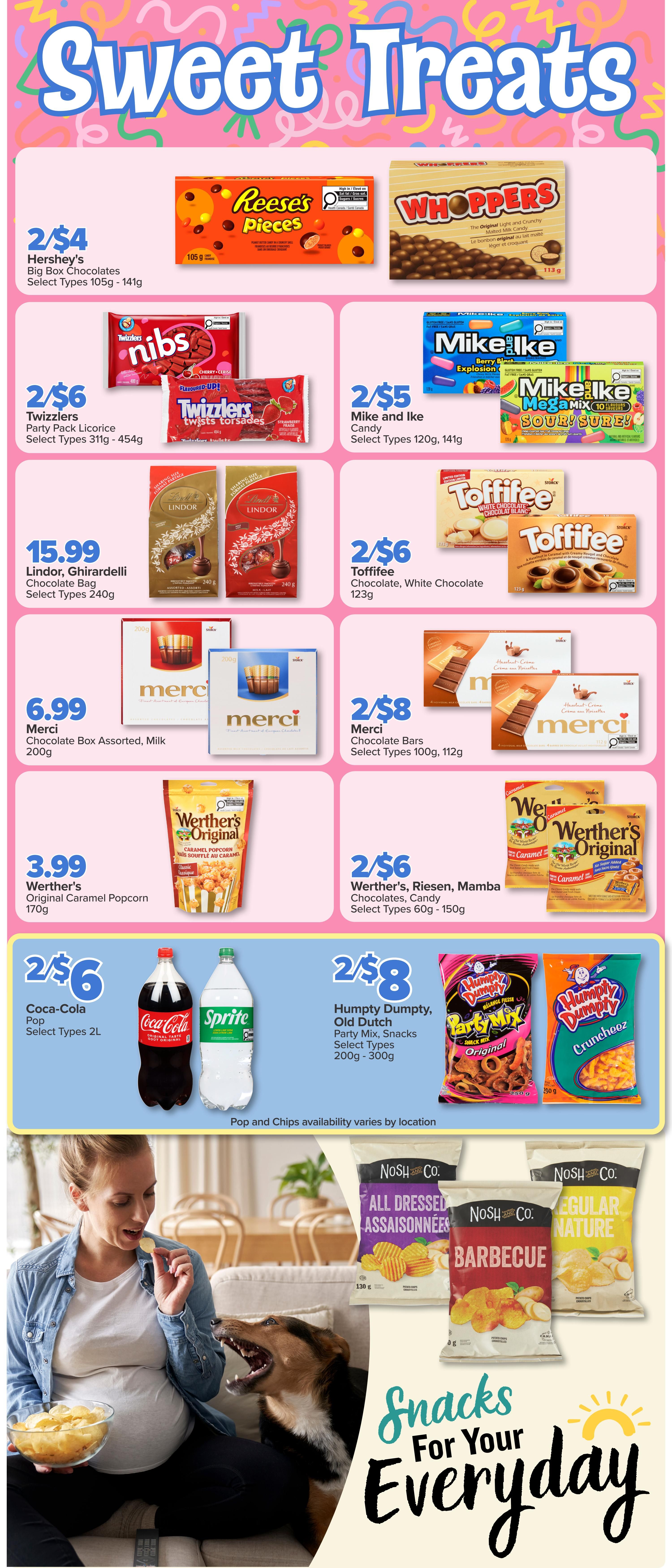 PharmaChoice weekly flyer specials page 5 features a 'Sweet Treats' section with various candies and chocolates. Offers include Hershey's Big Box Chocolates for 2/$4, Twizzlers Party Pack Licorice for 2/$6, and Mike and Ike Candy for 2/$5. Also featured are Lindor and Ghirardelli Chocolate Bags for $15.99, Toffifee Chocolate for 2/$6, and Merci Chocolate Boxes for $6.99. Merci Chocolate Bars are available for 2/$8. Werther's Original Caramel Popcorn is $3.99, and Werther's, Riesen, Mamba Chocolates and Candy are 2/$6. Beverage deals include Coca-Cola Pop and Sprite for 2/$6, and Humpty Dumpty Party Mix and Crunchee snacks for 2/$8. The page also includes a 'Snacks For Your Everyday' section with Nosh Co. All Dressed, Barbecue, and Regular Nature chips.
