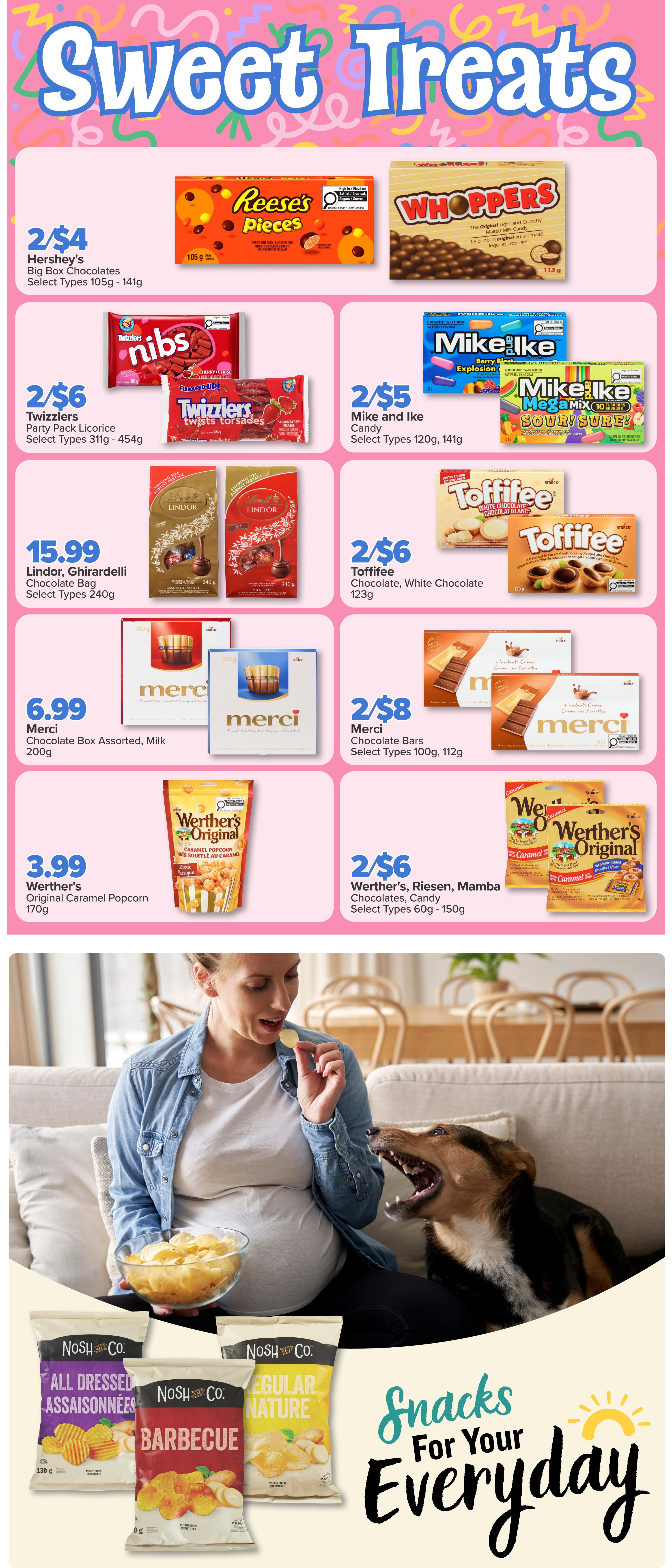 PharmaChoice Western Weekly Flyer Specials Page 5: Sweet Treats section featuring Hershey's Big Box Chocolates 2/$4 (105g-141g), Reese's Pieces, Whoppers (113g). Twizzlers Party Pack Licorice 2/$6 (311g-454g) and Twizzlers Twists Torsades. Mike and Ike Candy 2/$5 (120g-141g) including Berry Blast and Mega Mix Sour. Lindt, Ghirardelli Chocolate Bag $15.99 (240g). Toffifee Chocolate, White Chocolate 2/$6 (123g). Merci Chocolate Box Assorted, Milk 200g for $6.99. Merci Chocolate Bars 2/$8 (100g-112g). Werther's Original Caramel Popcorn 170g for $3.99. Werther's, Riesen, Mamba Chocolates, Candy 2/$6 (60g-150g). Also features Nosh Co. chips in All Dressed, Barbecue, and Regular Nature flavours, with the tagline 'Snacks For Your Everyday'.