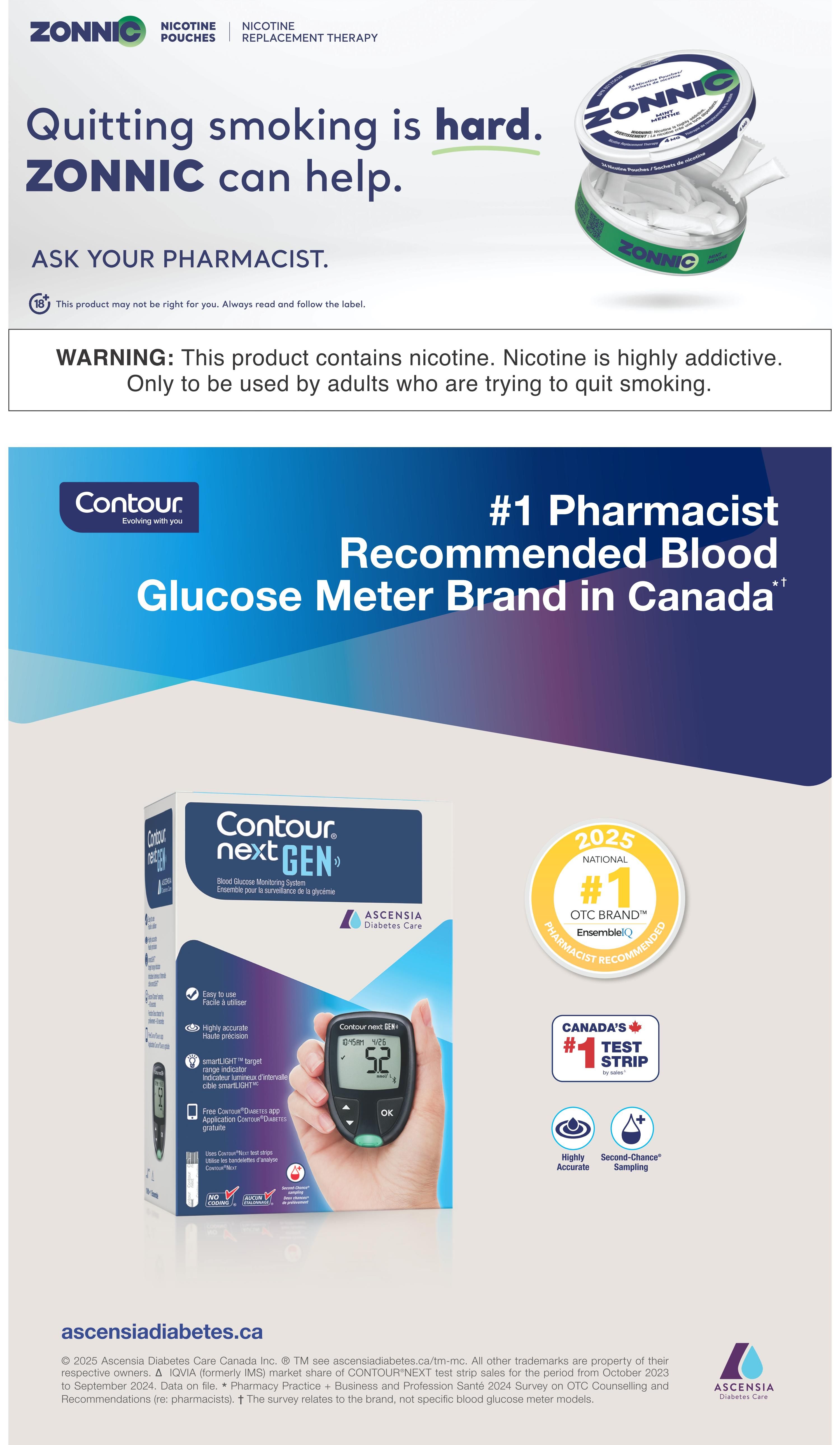 PharmaChoice Western Flyer, Page 6. This page features ZONNIC Nicotine Pouches and Replacement Therapy, with the message 'Quitting smoking is hard. ZONNIC can help. Ask your pharmacist.' A warning states the product contains nicotine and is for adults trying to quit smoking. The page also highlights the Contour Next GEN Blood Glucose Meter, advertised as the #1 Pharmacist Recommended Blood Glucose Meter Brand in Canada for 2025. Features include easy to use, highly accurate smartLIGHT target range indicator, free Contour Diabetes app, and no coding. It is Canada's #1 test strip by sales, offering highly accurate readings and Second-Chance Sampling. Visit ascensiadiabetes.ca for more information.