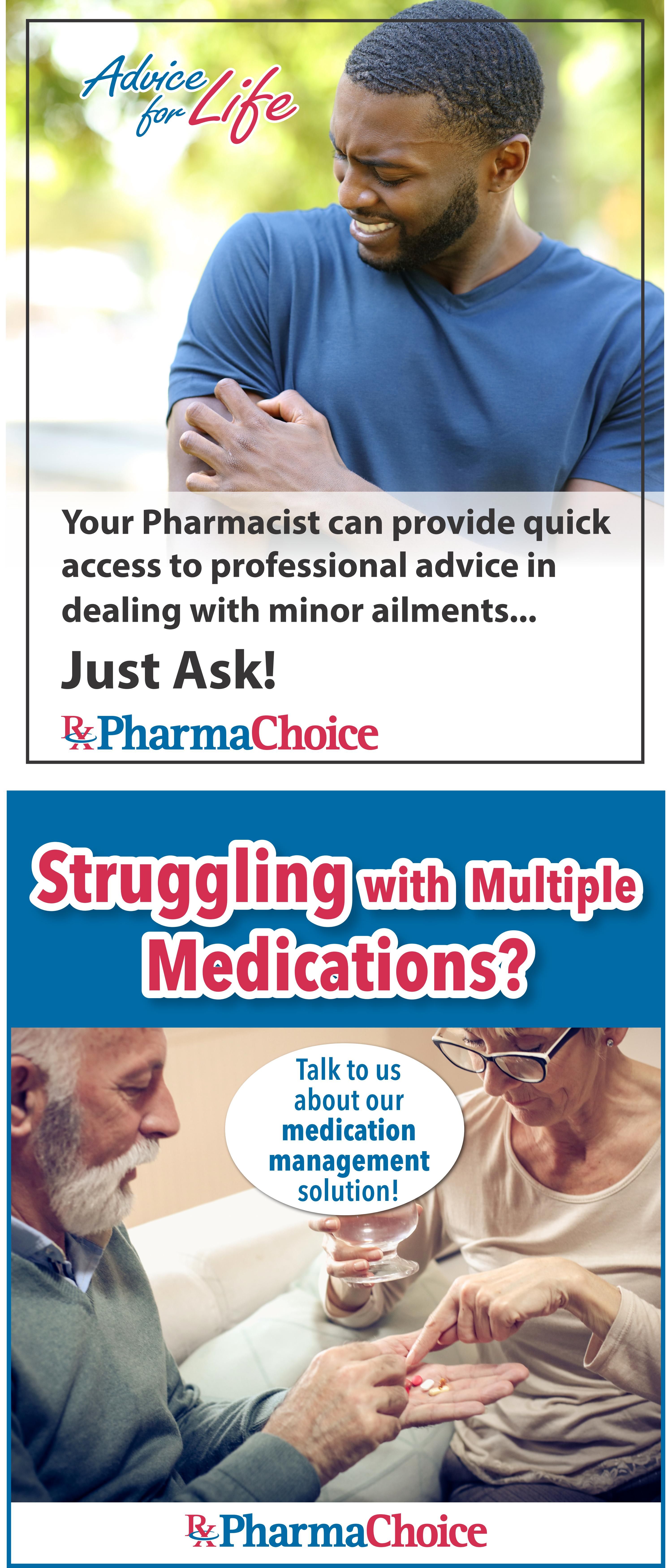 PharmaChoice flyer page 7: Features advice for life with a man holding his arm, suggesting he is experiencing discomfort. Text reads 'Your Pharmacist can provide quick access to professional advice in dealing with minor ailments... Just Ask!'. Below, it addresses 'Struggling with Multiple Medications?' with an image of an older couple, and a speech bubble saying 'Talk to us about our medication management solution!'. The PharmaChoice logo is present on the page.