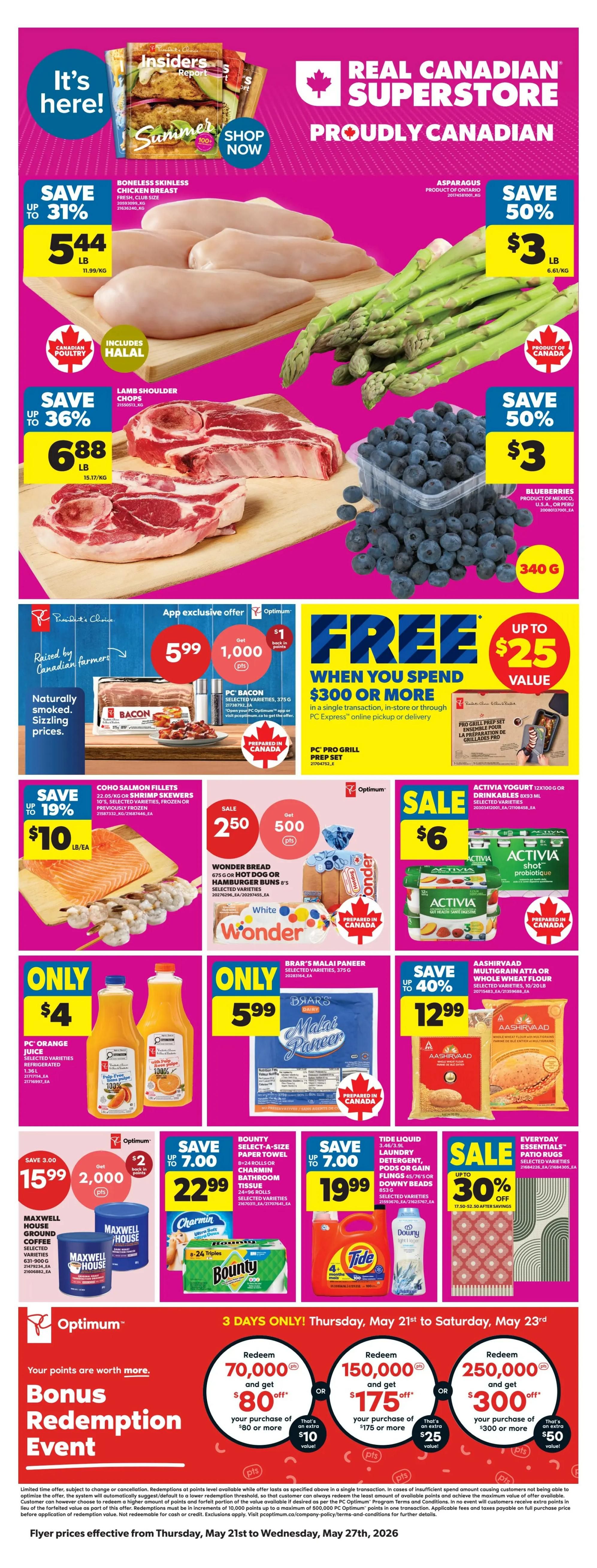 Real Canadian Superstore flyer page featuring 'Sip. Snack. Save.' specials. Offers include PC Decadent Muffins in chocolate chip or double chocolate varieties for $6, PC Crimson Peach Mango for $3, PC or Blue Menu Sparkling Water in selected varieties (Passion Fruit Guava and Grape Soda flavours shown) for $5.75, PC Tortilla Espanola Traditional Spanish Omelette for $7, and PC The Heat Chaser Cheddar Jalapeno Beef Burgers for $18. Some items are marked 'Must Try!' and the burgers are noted as 'New!'.