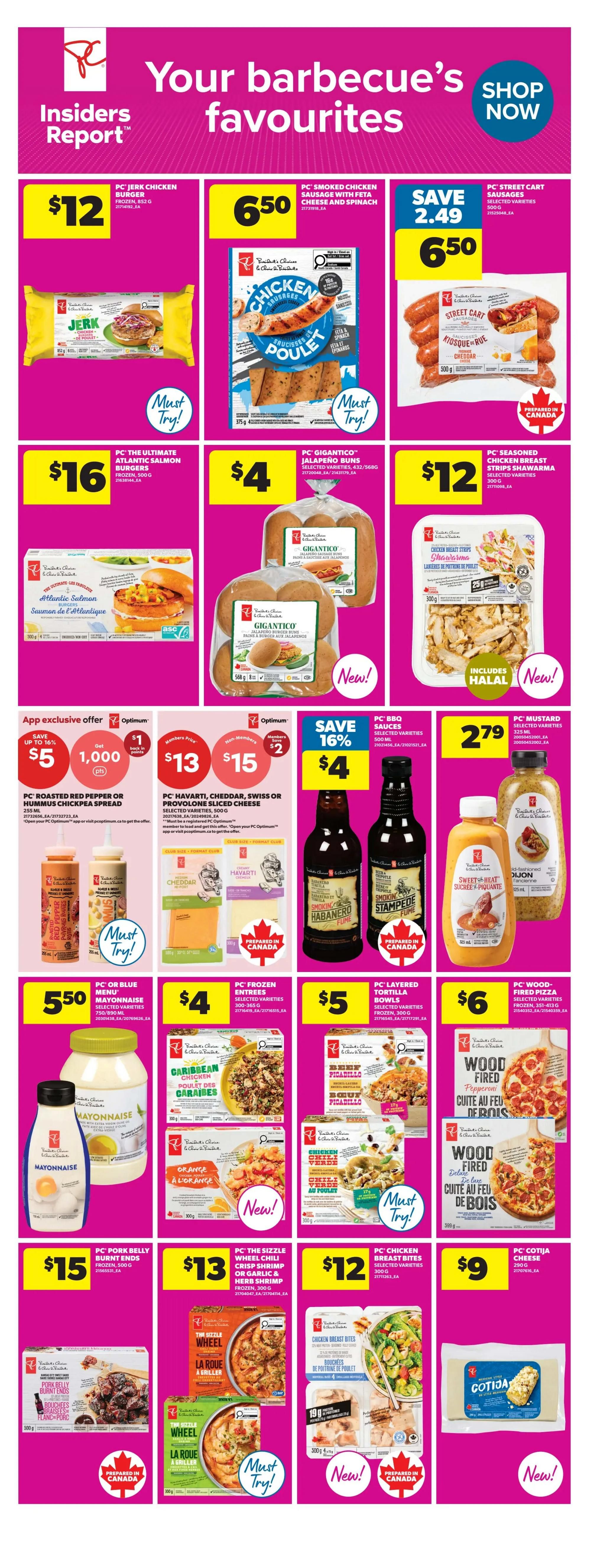 Real Canadian Superstore flyer page 8 features barbecue favourites. Save on PC Jerk Chicken Burgers for $12, PC Smoked Chicken Sausage with Feta Cheese and Spinach for $6.50, and PC Street Cart Sausages for $6.50, a saving of $2.49. Also featured are PC The Ultimate Atlantic Salmon Burgers for $16, PC Gigantico Jalapeno Buns for $4, and PC Seasoned Chicken Breast Strips Shawarma for $12. App exclusive offer: Save up to 16% on PC Roasted Red Pepper or Hummus Chickpea Spread, get 1,000 Optimum points when you spend $5. PC Havarti, Cheddar, Swiss or Provolone Sliced Cheese is $13 for members or $15 for non-members, with a $2 member saving. Save 16% on PC BBQ Sauces for $4. PC Mustard is $2.79. PC or Blue Menu Mayonnaise is $5.50. PC Frozen Entrees are $4. PC Layered Tortilla Bowls are $5. PC Wood Fired Pizza is $6. PC Pork Belly Burnt Ends are $15. PC The Sizzle Wheel Chili Crisp Shrimp or Garlic & Herb Shrimp is $13. PC Chicken Breast Bites are $12. PC Cotija Cheese is $9. Many items are marked 'Must Try!' and 'New!'.