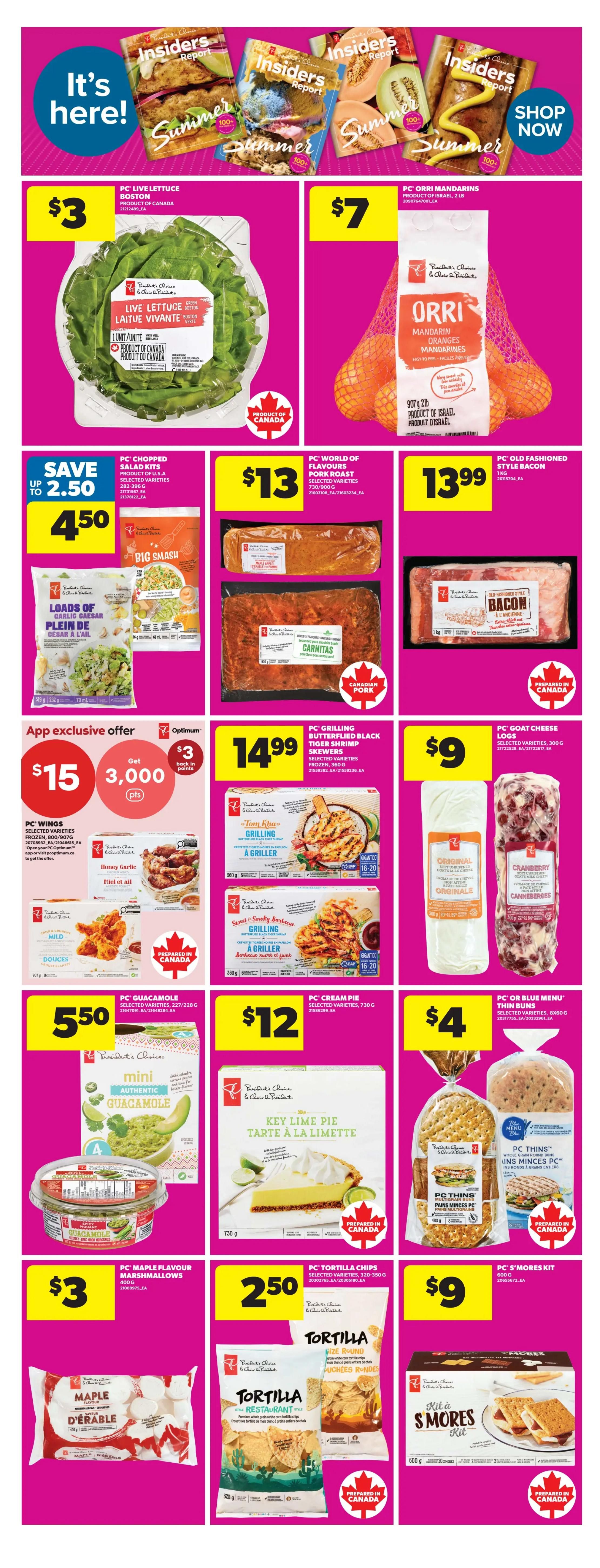 Real Canadian Superstore weekly flyer specials page 10 features PC Live Lettuce Boston for $3, PC Orri Mandarins for $7, PC Chopped Salad Kits for $4.50 (save up to $2.50), PC World of Flavours Pork Roast for $13, and PC Old Fashioned Style Bacon for $13.99. An app exclusive offer includes PC Wings for $15 with 3,000 Optimum points. Other deals include PC Grilling Butterflied Black Tiger Shrimp Skewers for $14.99, PC Goat Cheese Logs for $9, PC Guacamole for $5.50, PC Cream Pie for $12, PC or Blue Menu Thin Buns for $4, PC Maple Flavour Marshmallows for $3, PC Tortilla Chips for $2.50, and PC S'mores Kits for $9. The top banner advertises 'It's here! Insiders Report Summer' with a 'Shop Now' button.
