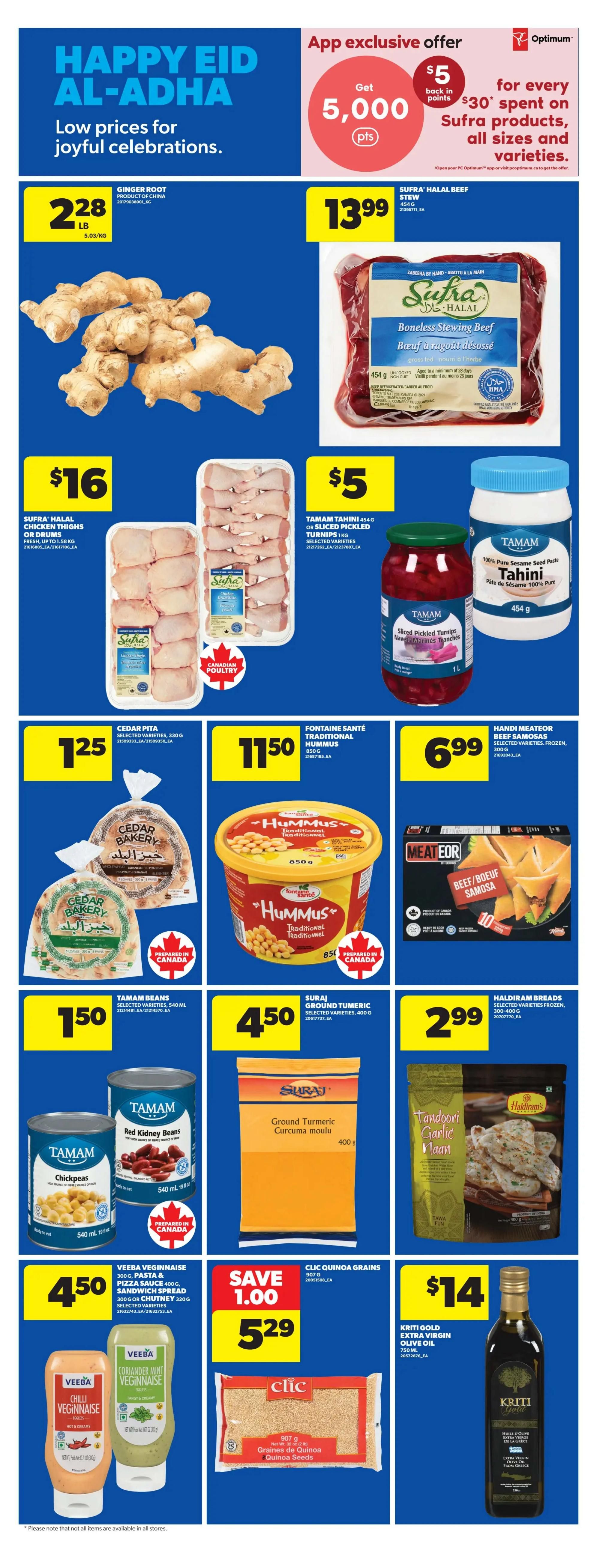 Real Canadian Superstore flyer page featuring Happy Eid Al-Adha specials. Offers include Ginger Root for $2.28/lb, Sufra Halal Beef Stew for $13.99, Sufra Halal Chicken Thighs for $16, and Tamam Tahini or Sliced Pickled Turnips for $5. Also featured are Cedar Pita bread for $1.25, Fontaine Santé Traditional Hummus for $11.50, and Handi Meateor Beef Samosas for $6.99. Additional deals include Tamam Beans for $1.50, Suraj Ground Turmeric for $4.50, Haldiram Breads for $2.99, Veeba Veggonnaise products for $4.50, Clic Quinoa Grains for $5.29 (save $1.00), and Kriti Gold Extra Virgin Olive Oil for $14. An app exclusive offer provides 5,000 Optimum points for every $30 spent on Sufra products.