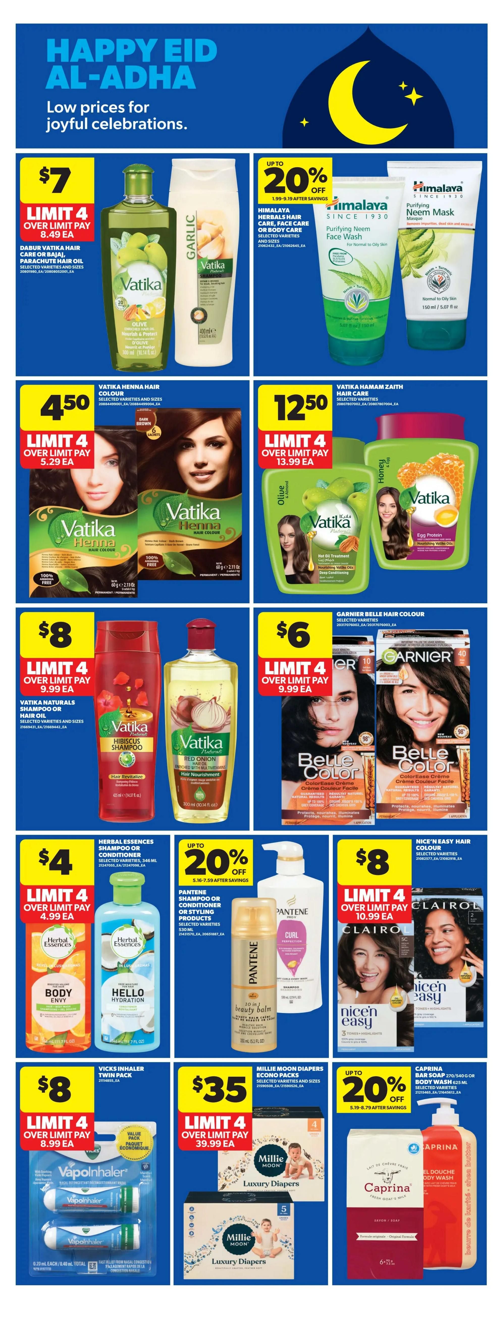 Real Canadian Superstore flyer page featuring Happy Eid Al-Adha specials. Offers include Dabur Vatika Hair Care or Bajaj Parachute Hair Oil for $7, limit 4. Himalaya Herbal Hair Care, Face Care or Body Care products are up to 20% off. Vatika Henna Hair Colour is $4.50, limit 4. Vatika Hamam Zaith Hair Care is $12.50, limit 4. Vatika Naturals Shampoo or Hair Oil is $8, limit 4. Garnier Belle Colour Hair Colour is $6, limit 4. Herbal Essences Shampoo or Conditioner is $4, limit 4. Pantene Shampoo, Conditioner or Styling Products are up to 20% off. Nice'n Easy Hair Colour is $8, limit 4. Vicks Inhaler Twin Pack is $8, limit 4. Millie Moon Diapers Econo Packs are $35, limit 4. Caprina Bar Soap or Body Wash is up to 20% off.