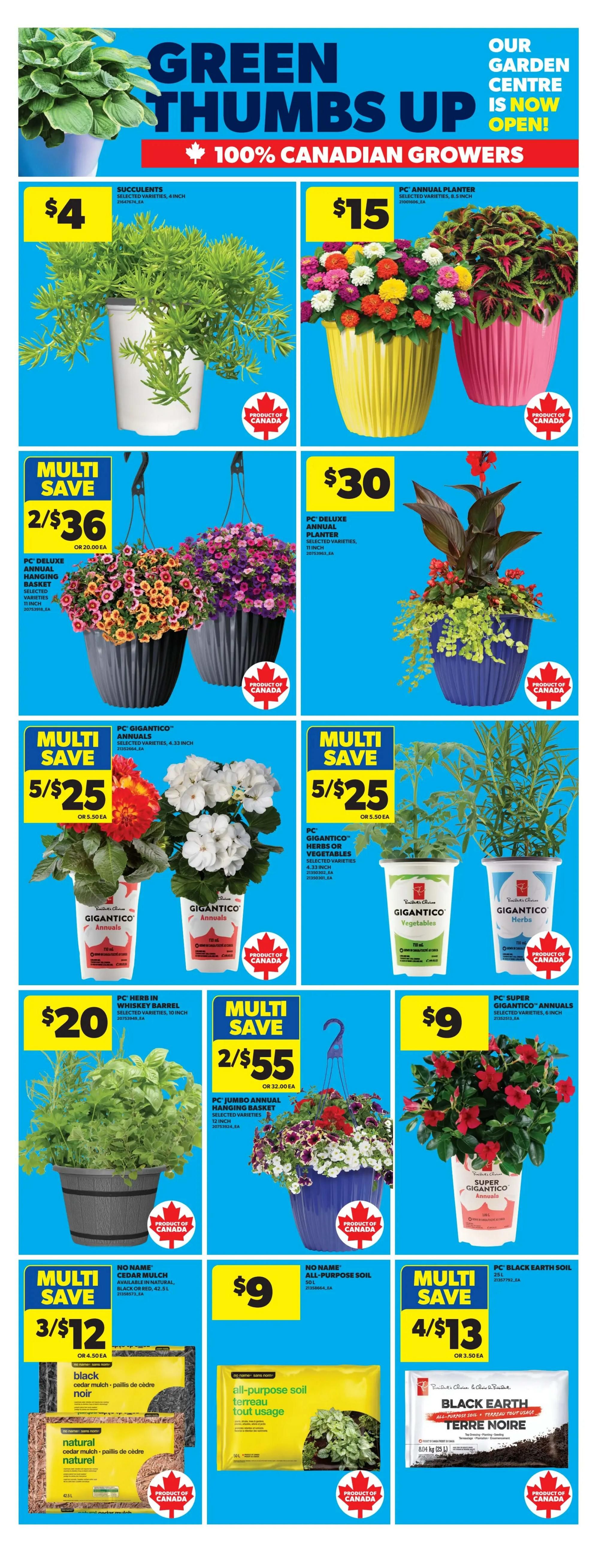 Real Canadian Superstore flyer page 17 features a 'Green Thumbs Up' garden centre promotion with 100% Canadian growers. Offers include: Succulents selected varieties, 4-inch pot for $4; PC Annual Planter, 8.5-inch pot for $15; PC Deluxe Annual Hanging Basket, 11-inch, 2 for $36 or $20.00 each; PC Gigantico Annuals, 4.33-inch pot, 5 for $25 or $5.50 each; PC Gigantico Herbs or Vegetables, 4.33-inch pot, 5 for $25 or $5.50 each; PC Herb in Whiskey Barrel, 10-inch, for $20; PC Jumbo Annual Hanging Basket, 12-inch, 2 for $55 or $32.00 each; PC Super Gigantico Annuals, 6-inch pot, for $9; Cedar Mulch, black or red, 3 for $12 or $4.50 each; All-Purpose Soil, 50L, for $9; and PC Black Earth Soil, 25L, 4 for $13 or $3.50 each. All featured plants are 'Product of Canada'.