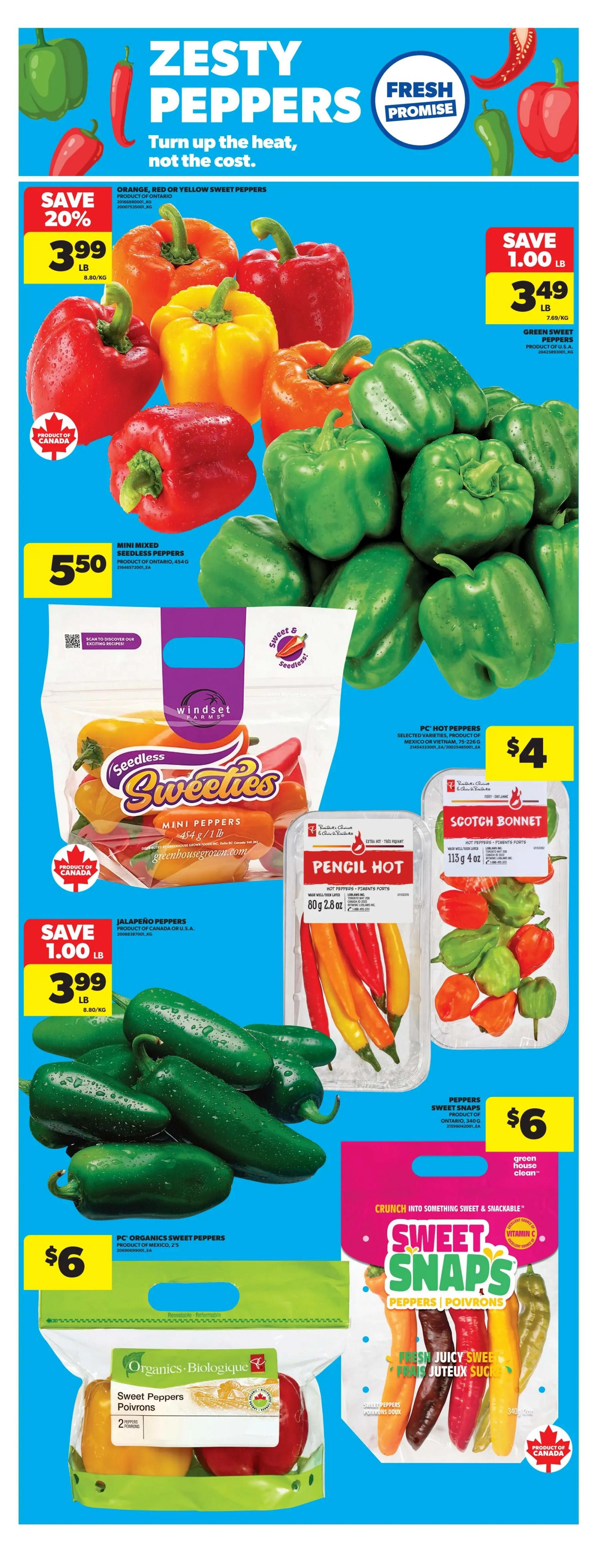 Real Canadian Superstore flyer page featuring a variety of peppers. Save 20% on Orange, Red, or Yellow Sweet Peppers at $3.99 per pound. Green Sweet Peppers are on sale for $3.49 per pound, saving $1.00. A 454g bag of Windset 'Sweeties' Mini Mixed Seedless Peppers is $5.50. PC 'Hot Peppers' are $4.00. Scotch Bonnet peppers are $6.00. Jalapeño Peppers are on sale for $3.99 per pound, saving $1.00. PC Organics Sweet Peppers in a 2-pack are $6.00. Sweet Snaps Fresh Juicy Sweet Peppers are also featured.