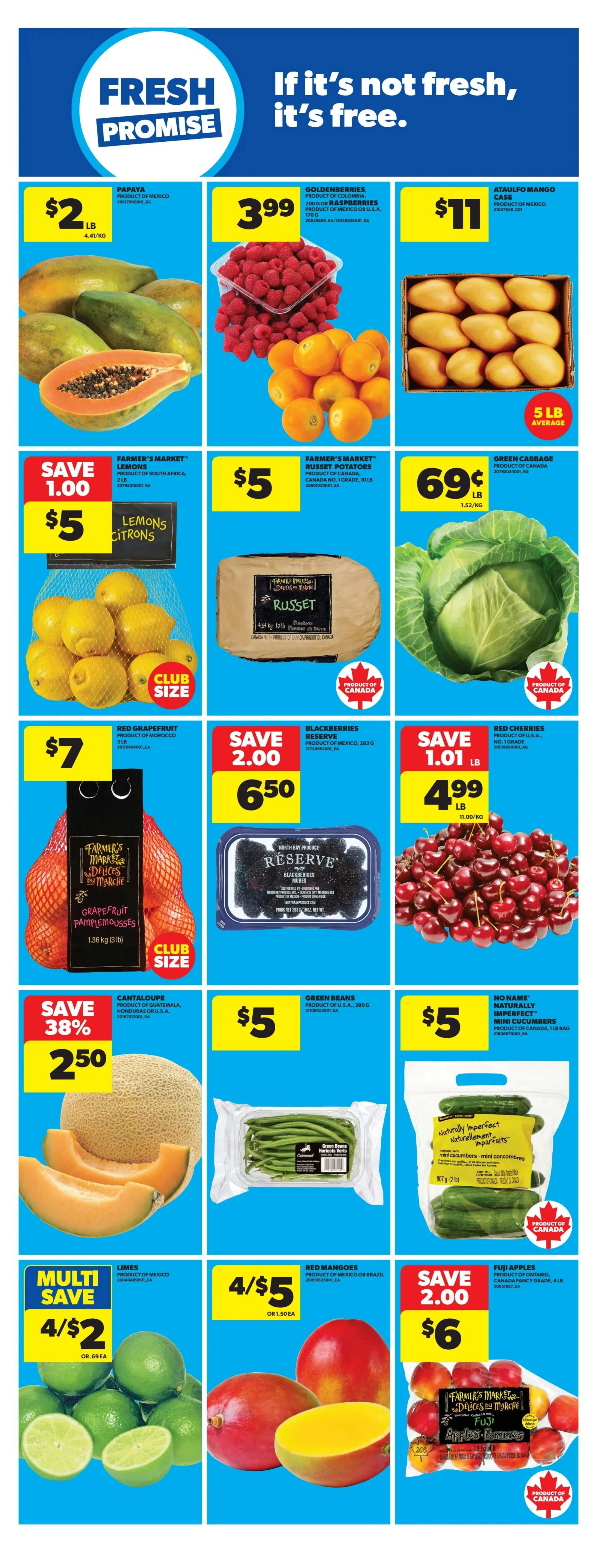Real Canadian Superstore Ontario flyer page 20 features a Fresh Promise section with various produce deals. Papayas are $2/lb. Goldenberries are $3.99 for 200g, and Ataulfo Mangoes are $11 per case. Farmer's Market Lemons are $5 with a save $1.00 offer, club size. Farmer's Market Russet Potatoes are $5 for a 10lb bag. Green Cabbage is 69 cents/lb. Farmer's Market Grapefruit Pamplemousses are $7 per bag, club size. Blackberries Reserve are on sale for $6.50 with a save $2.00 offer. Red Cherries are $4.99/lb with a save $1.01 offer. Cantaloupe is $2.50 with a save 38% offer. Green Beans are $5 for 380g. Naturally Imperfect Mini Cucumbers are $5 per bag. Limes are multi-save 4/$2 or $0.69 each. Red Mangoes are 4/$5 or $1.50 each. Fuji Apples are $6 with a save $2.00 offer for a 4lb bag.