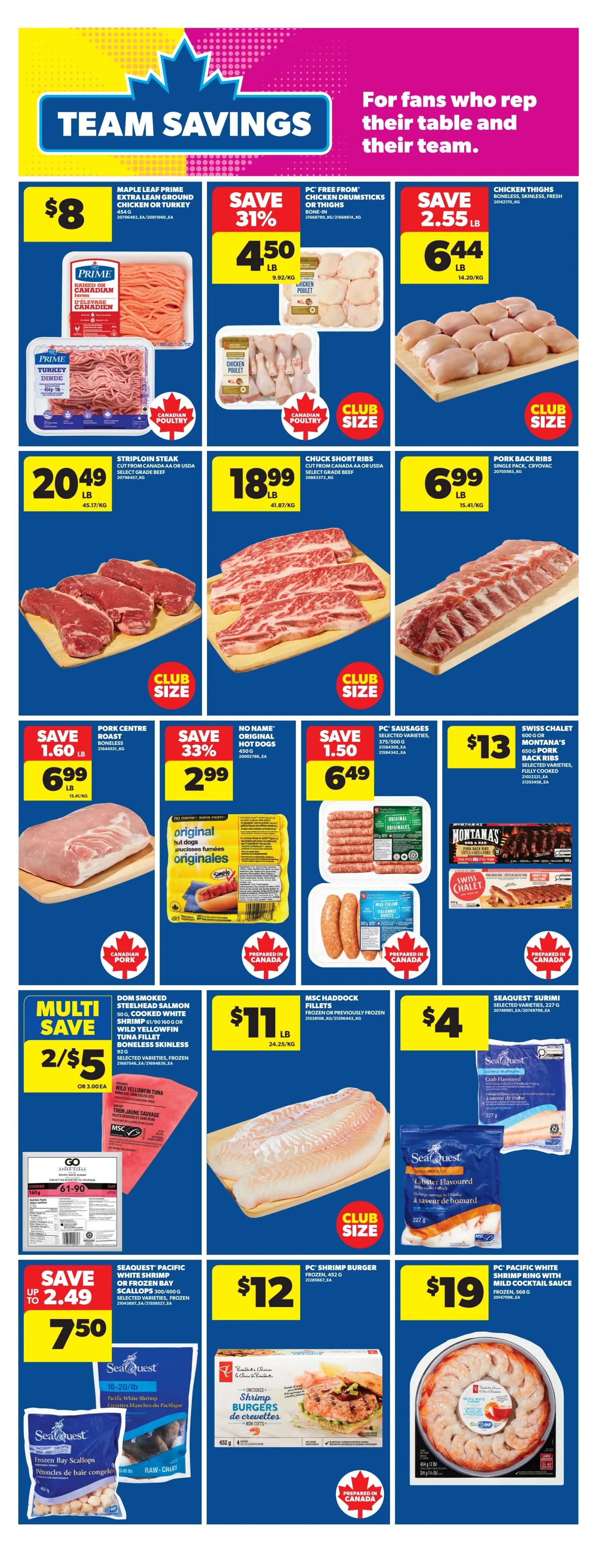 Real Canadian Superstore Team Savings page featuring various meat and seafood deals. Offers include Maple Leaf Prime ground chicken or turkey for $8, PC Free From chicken drumsticks or thighs at $4.50/lb (save 31%), and chicken thighs at $6.44/lb. Also featured are striploin steak at $20.49/lb, chuck short ribs at $18.99/lb, and pork back ribs at $6.99/lb. Additional savings include pork centre roast boneless for $6.99 (save $1.60), No Name original hot dogs for $2.99 (save 33%), and PC Sausages for $6.49 (save $1.50). Seafood specials include MSC Haddock Fillets for $11/lb, Seaquest Surimi for $4, Seaquest Pacific white shrimp or frozen bay scallops for $7.50 (save up to $2.49), PC Shrimp Burgers for $12, and PC Pacific White Shrimp Ring with mild cocktail sauce for $19.