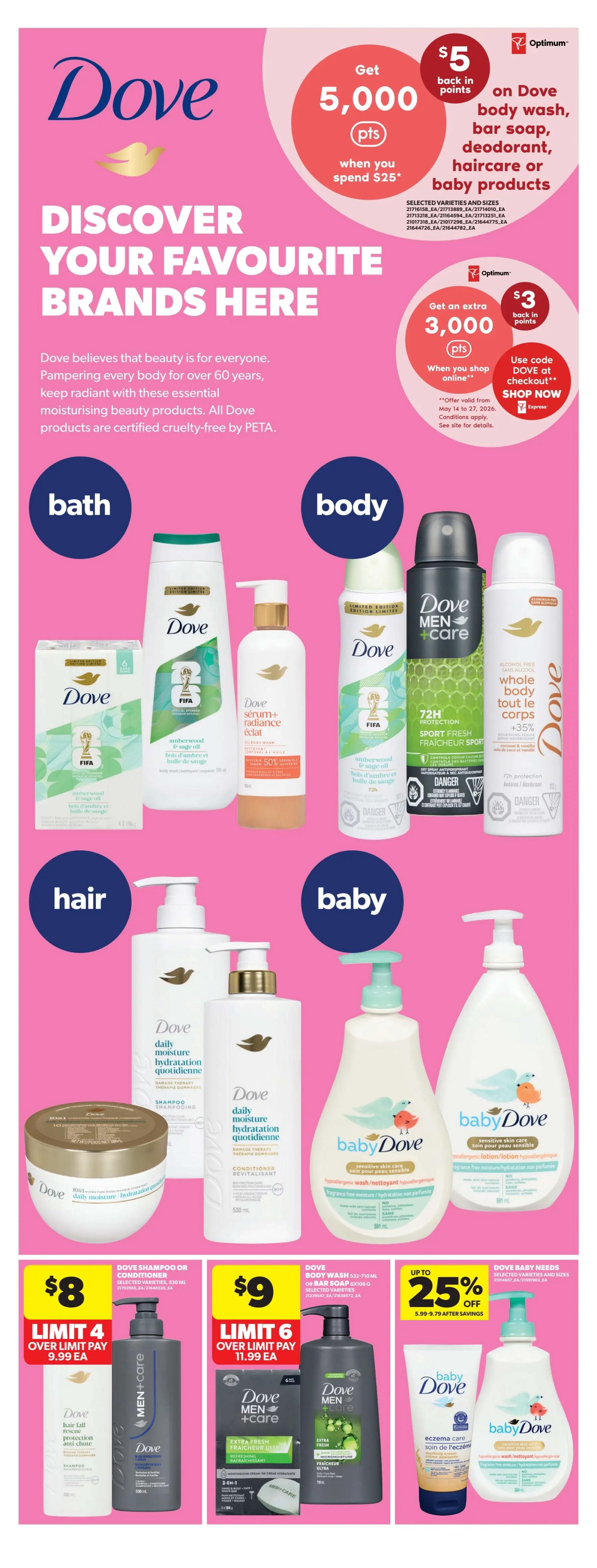 Real Canadian Superstore flyer page 28 featuring a wide selection of Dove products. Get $5 back in points when you spend $25 on Dove body wash, bar soap, deodorant, haircare, or baby products. Also, get an extra 3,000 Optimum points when you shop online for Dove products, with code DOVE at checkout. The page showcases Dove products categorized under 'bath', 'body', 'hair', and 'baby'. Featured bath items include Dove bar soap (6-pack), Dove body wash, and Dove serum+radiance facial cleanser with 50% off. Body products include Dove body wash, Dove Men+Care Sport Fresh dry spray, and Dove whole body deodorant. Hair products include Dove daily moisture shampoo and conditioner. Baby products include baby Dove sensitive skin care wash and lotion. Additionally, there are special offers: Dove shampoo or conditioner for $8 with a limit of 4, over limit pay $9.99 each; Dove Men+Care body wash (532-710 mL) or bar soap (6x106g) for $9 with a limit of 6, over limit pay $11.99 each; and up to 25% off Dove baby needs, with savings from $5.99-$9.79 after savings.