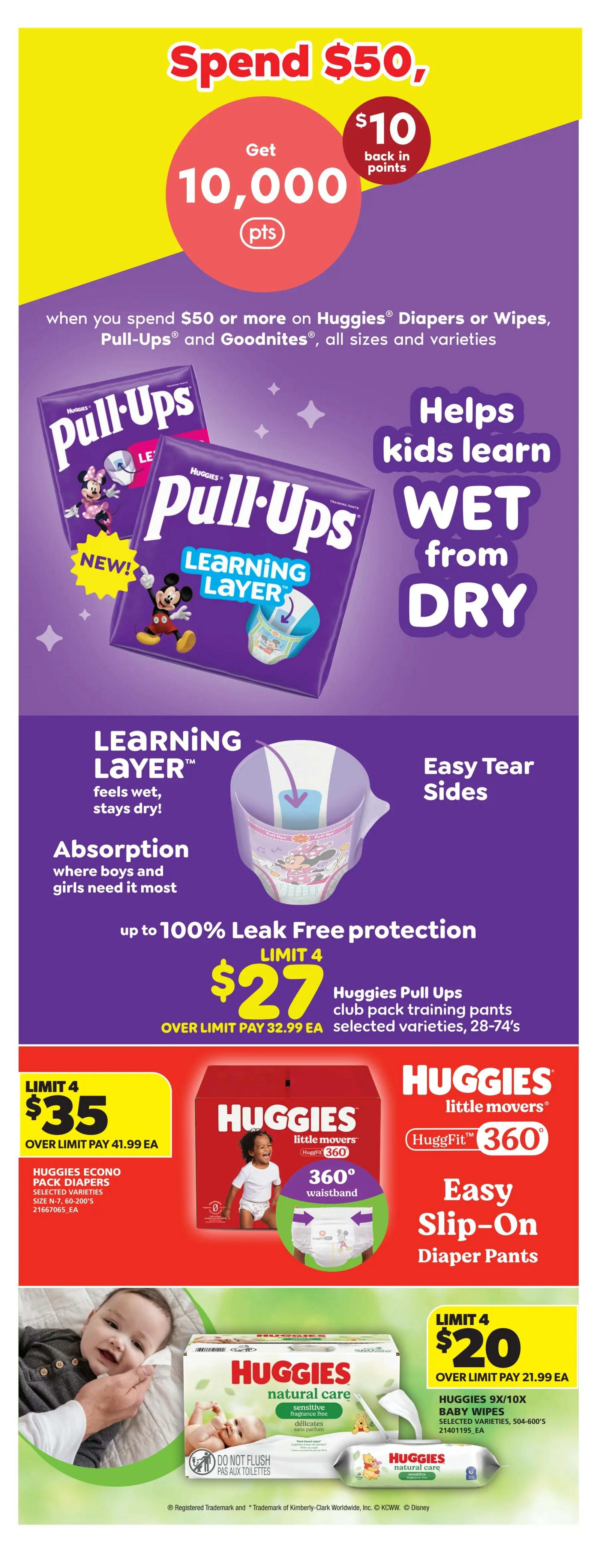 Real Canadian Superstore Ontario flyer page 34: Spend $50 or more on Huggies Diapers or Wipes, Pull-Ups, and Goodnites to get 10,000 bonus points ($10 back in points). Features Huggies Pull-Ups training pants with Learning Layer technology, available in club packs for $27 (limit 4, over limit pay $32.99 each, sizes 28-74's). Also features Huggies Little Movers 360 Diapers for $35 (limit 4, over limit pay $41.99 each, sizes N-7, 60-200's). Additionally, Huggies 9x/10x Baby Wipes are on sale for $20 (limit 4, over limit pay $21.99 each, selected varieties, 504-600's).