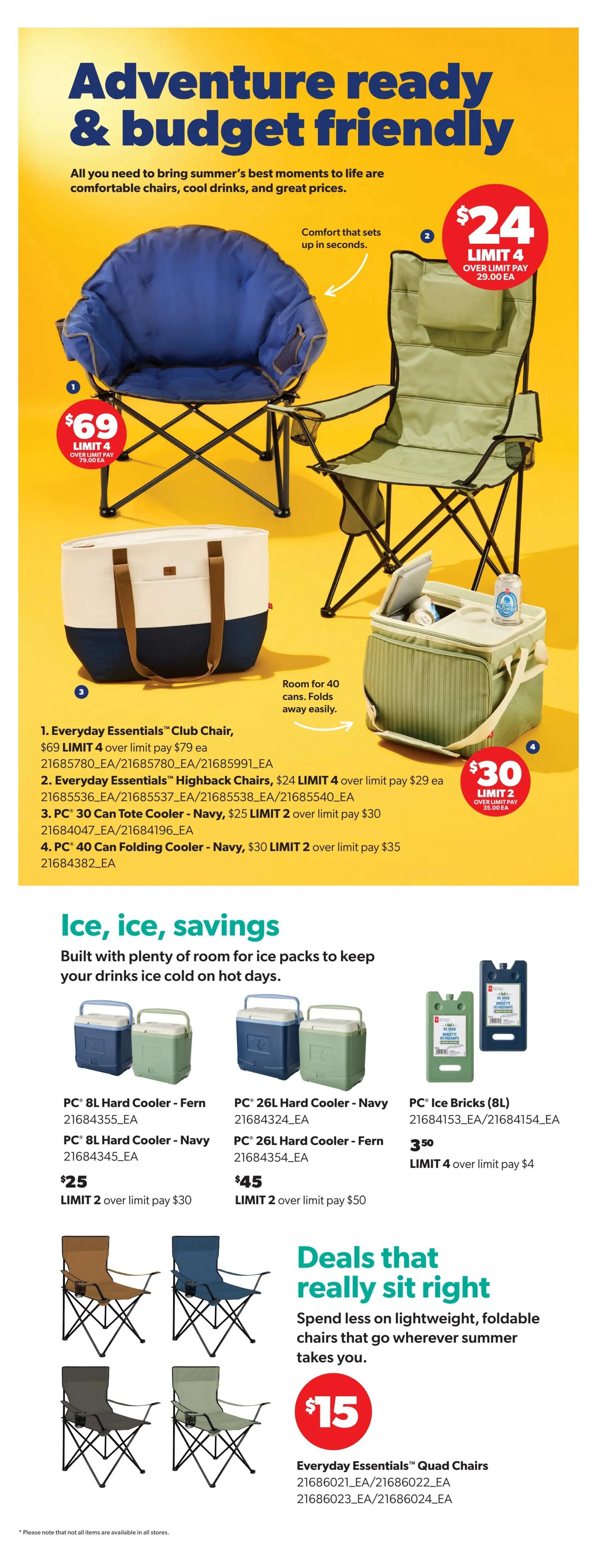 Real Canadian Superstore Ontario flyer, page 35, features 'Adventure ready & budget friendly' deals. Includes Everyday Essentials Club Chair for $69 (limit 4, over limit pay $79), Everyday Essentials Highback Chairs for $24 (limit 4, over limit pay $29), PC 30 Can Tote Cooler in Navy for $25 (limit 2, over limit pay $30), and PC 40 Can Folding Cooler in Navy for $30 (limit 2, over limit pay $35). The 'Ice, ice, savings' section offers PC 8L Hard Coolers in Fern and Navy for $25 (limit 2, over limit pay $30), PC 26L Hard Coolers in Navy and Fern for $45 (limit 2, over limit pay $50), and PC Ice Bricks (8L) for $3.50 (limit 4, over limit pay $4). The 'Deals that really sit right' section highlights Everyday Essentials Quad Chairs for $15.