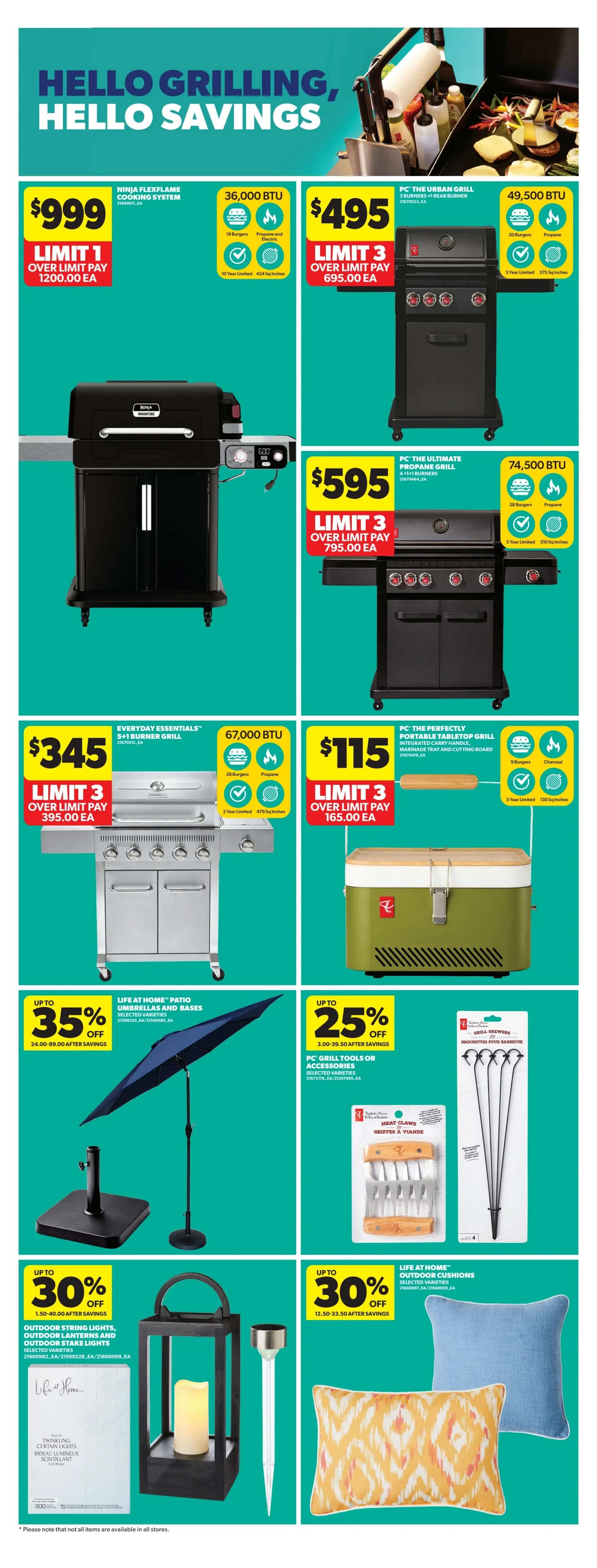 Real Canadian Superstore weekly flyer specials page 37 features 'Hello Grilling, Hello Savings'. Top row showcases grills: Ninja Flexflame Cooking System for $999 (limit 1, over limit pay $1200), PC The Urban Grill for $495 (limit 3, over limit pay $695), and PC The Ultimate Propane Grill for $595 (limit 3, over limit pay $795). Middle row includes Everyday Essentials 5+1 Burner Grill for $345 (limit 3, over limit pay $395), a green cooler for $115 (limit 3, over limit pay $165). Also featured are Life At Home Patio Umbrellas and Bases with up to 35% off ($24.00-$89.00 after savings) and PC Grill Tools or Accessories with up to 25% off ($3.00-$39.50 after savings). Bottom row highlights Outdoor String Lights, Outdoor Lanterns and Outdoor Stake Lights with up to 30% off ($1.50-$40.00 after savings), and Life At Home Outdoor Cushions with up to 30% off ($12.50-$33.50 after savings). Please note that not all items are available in all stores.